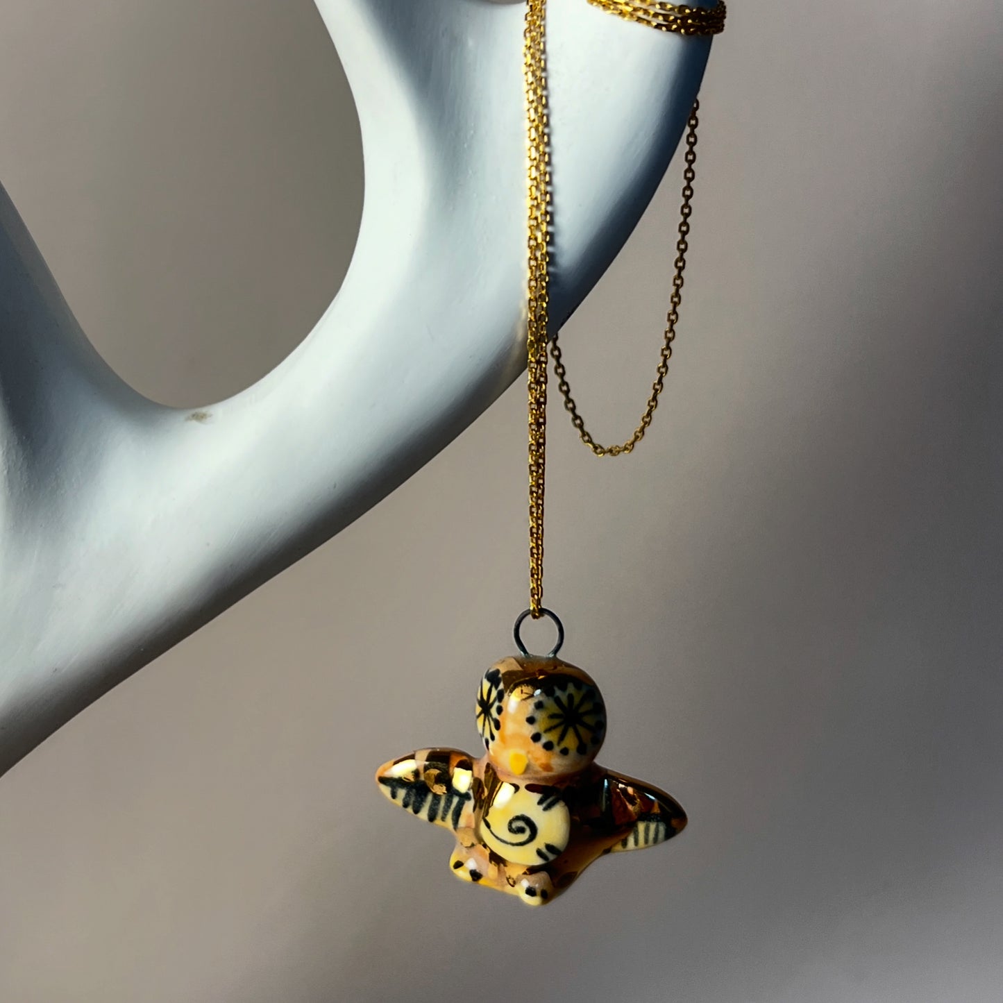 Ceramic Owl Pendant Necklace – Hand-Painted with Gold Luster & Spiral Symbol