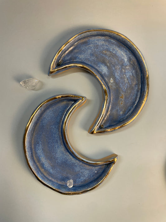 Handmade ceramic small blue and gold crescent moon dish