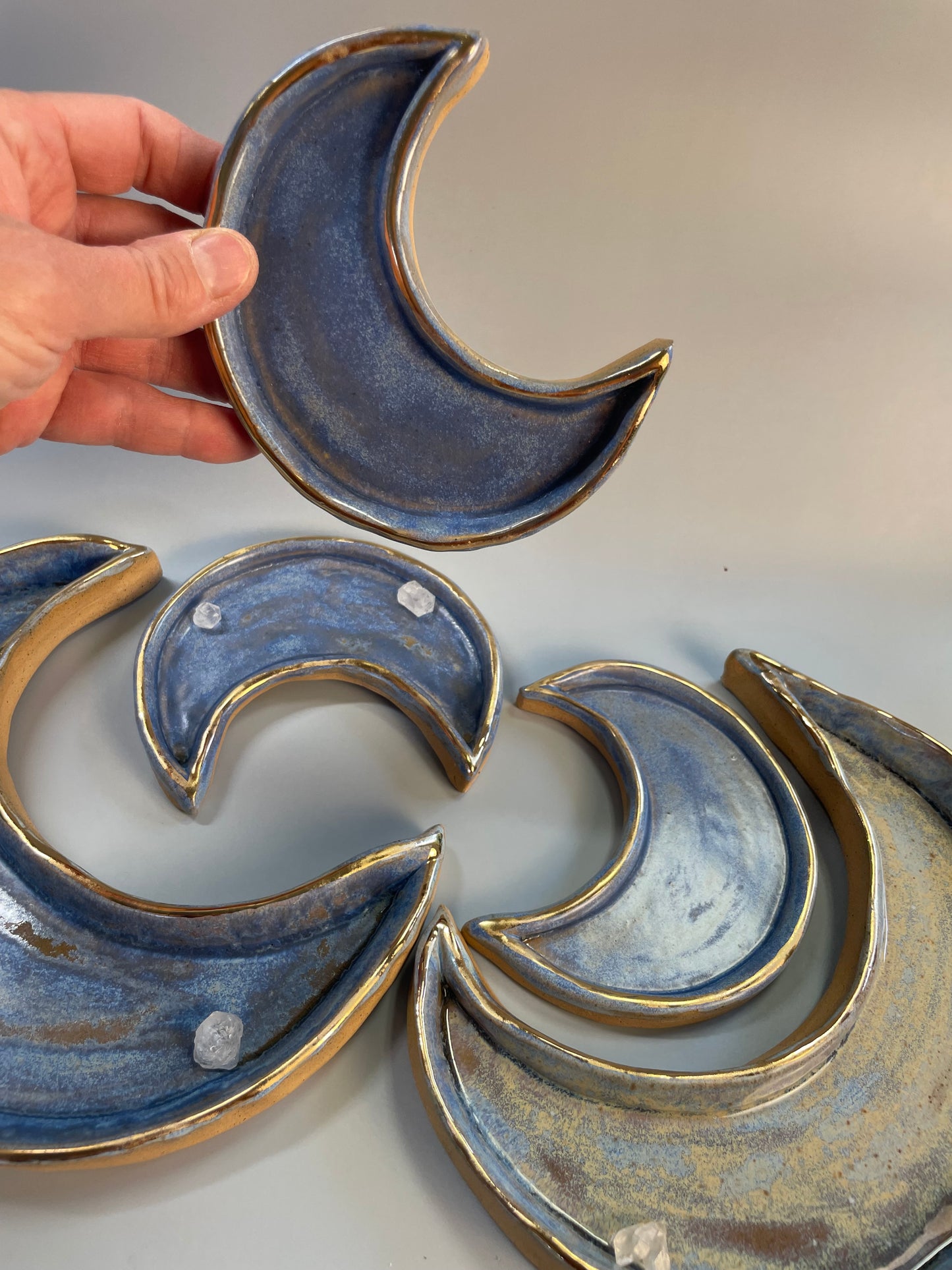 Large handmade ceramic blue and gold crescent moon dish