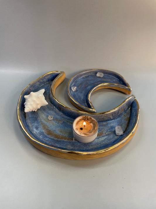 Large handmade ceramic blue and gold crescent moon dish