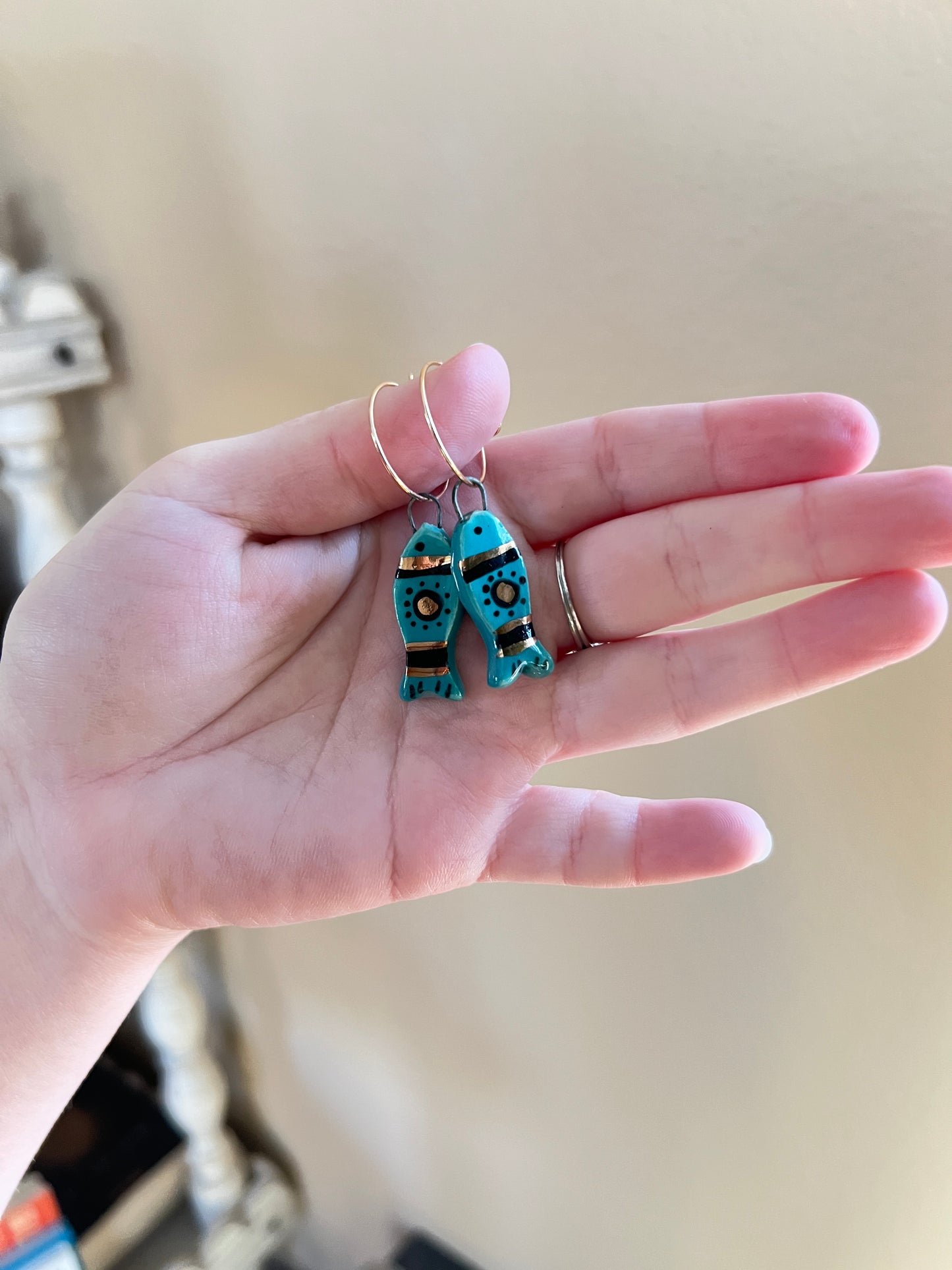 Handmade Pisces Fish Earrings Ceramic Jewelry with Sun Symbol