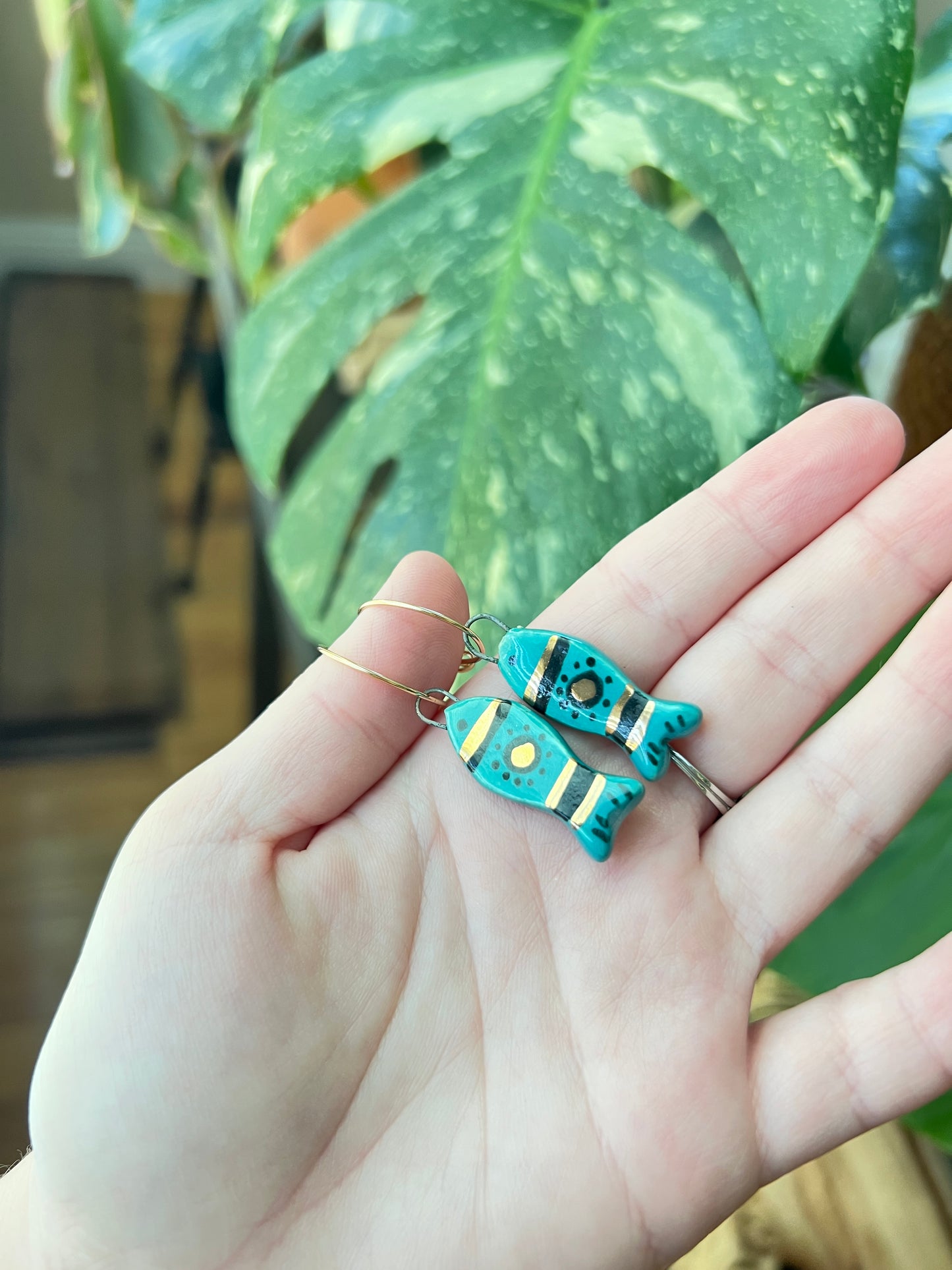 Handmade Pisces Fish Earrings Ceramic Jewelry with Sun Symbol