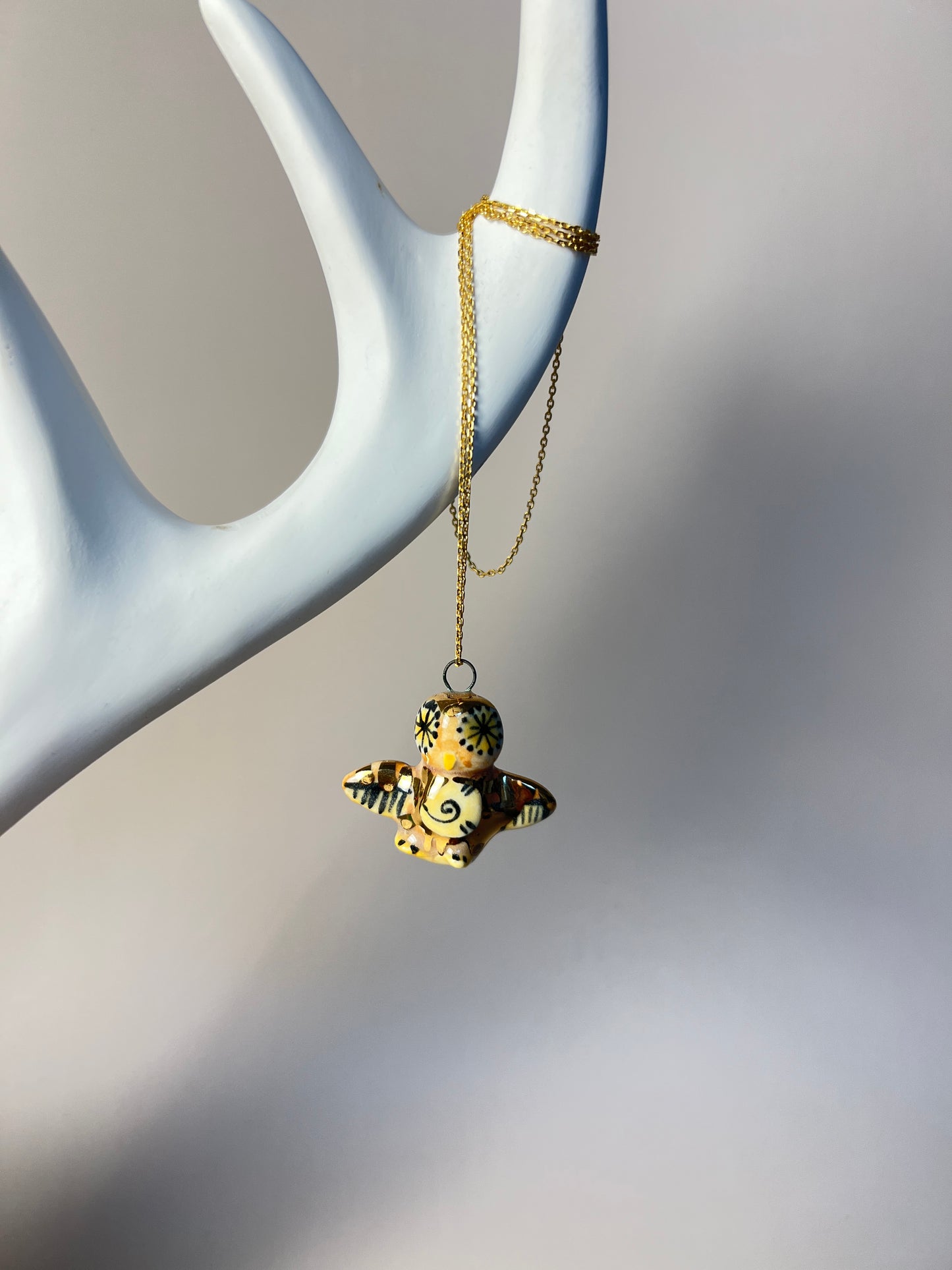 Ceramic Owl Pendant Necklace – Hand-Painted with Gold Luster & Spiral Symbol