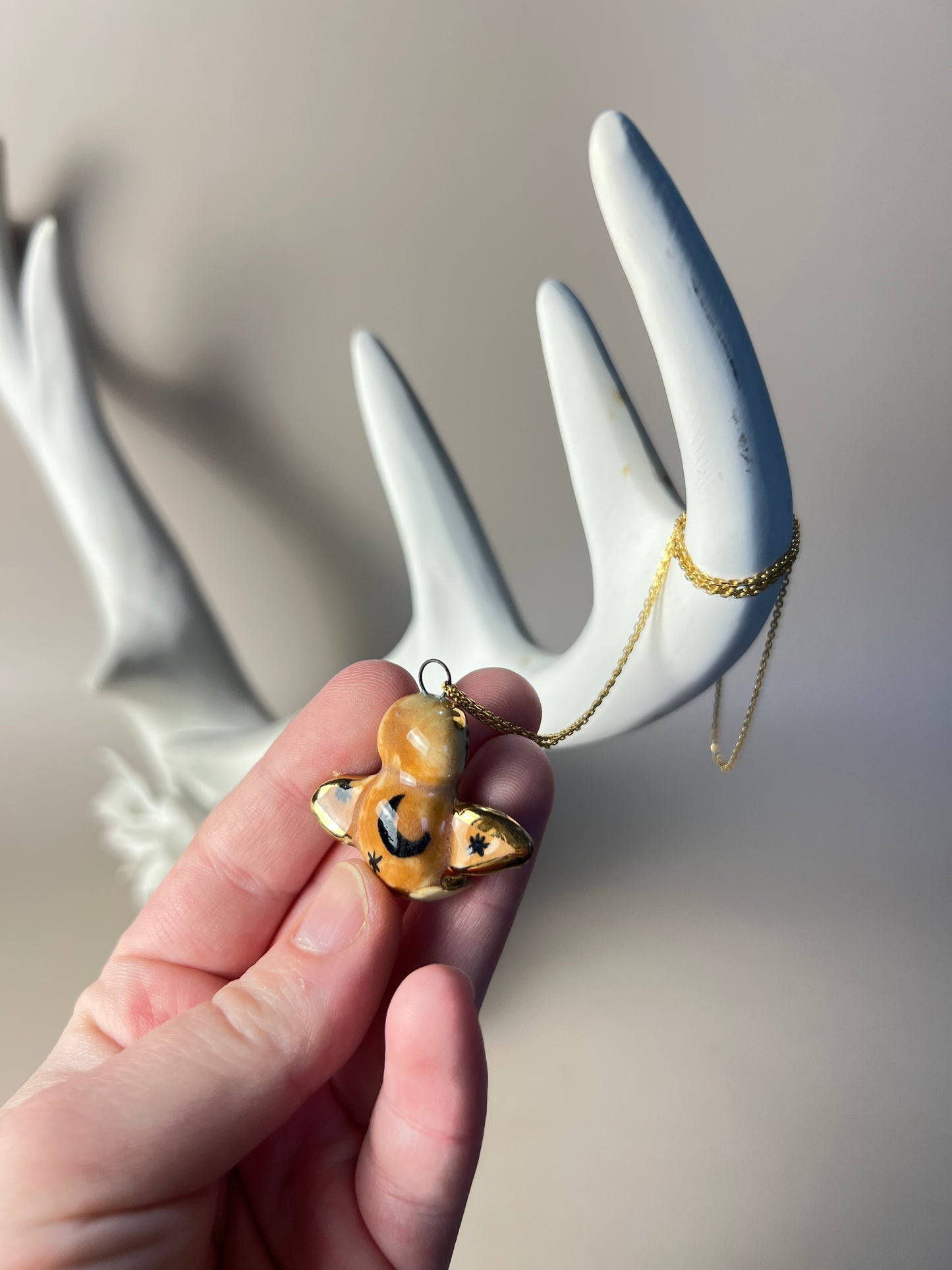 Ceramic Owl Pendant Necklace – Hand-Painted with Gold Luster & Spiral Symbol