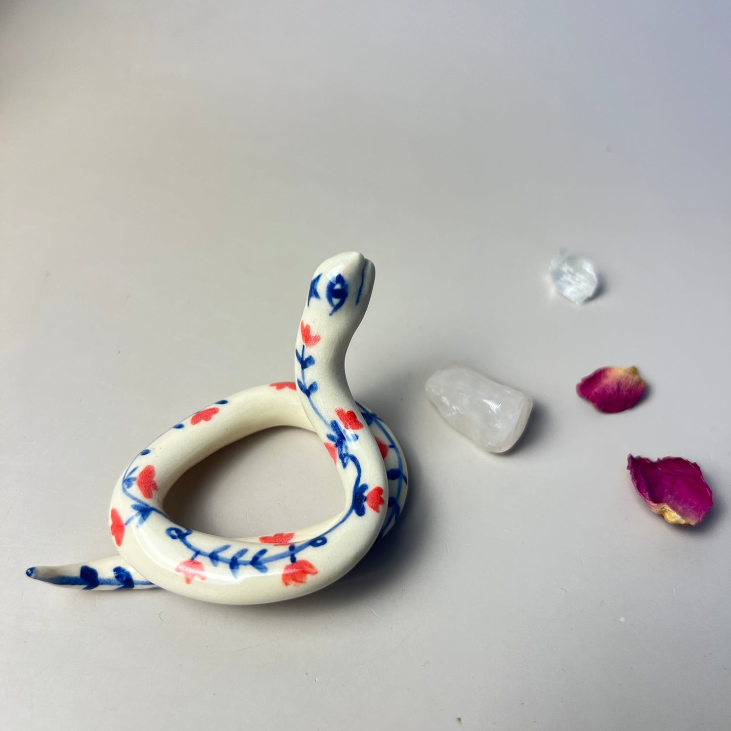 Handmade Decorated Ceramic Snake, Cute Blue and Red Flower Ethnic Design