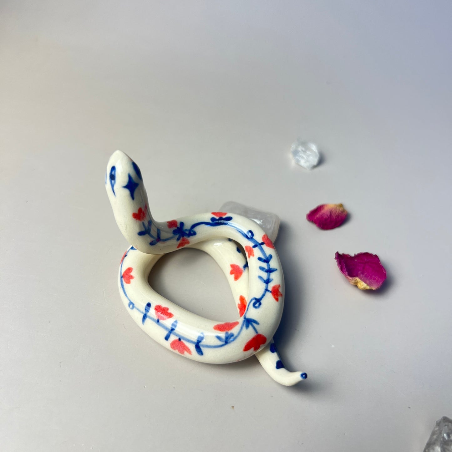 Handmade Decorated Ceramic Snake, Cute Blue and Red Flower Ethnic Design