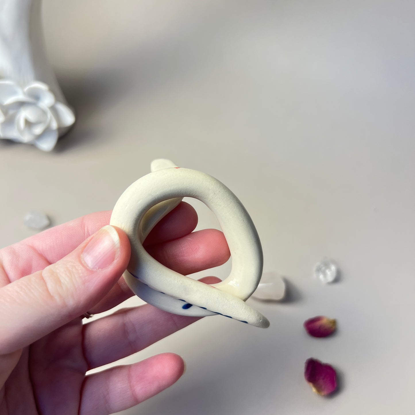 Handmade Decorated Ceramic Snake, Cute Blue and Red Flower Ethnic Design