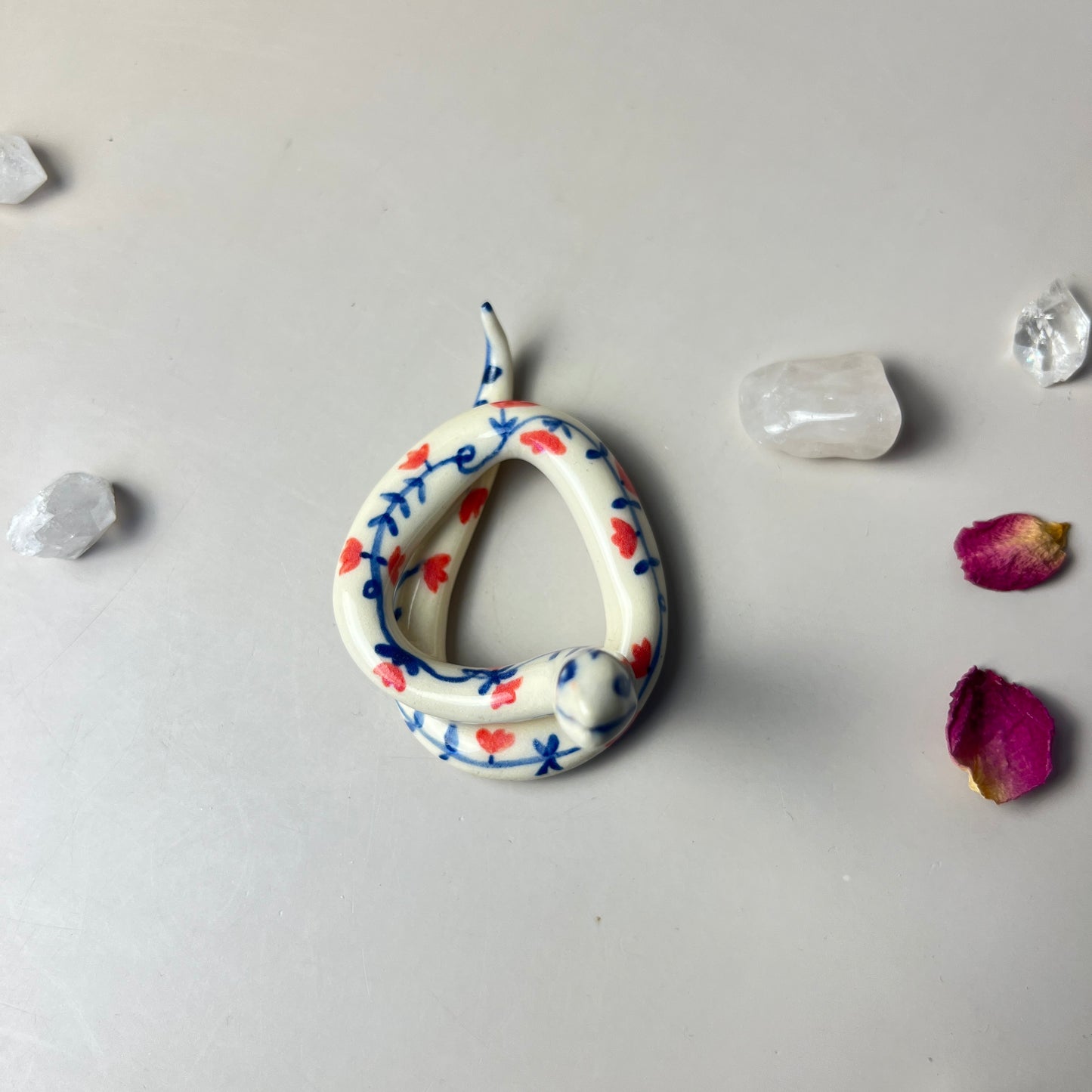 Handmade Decorated Ceramic Snake, Cute Blue and Red Flower Ethnic Design