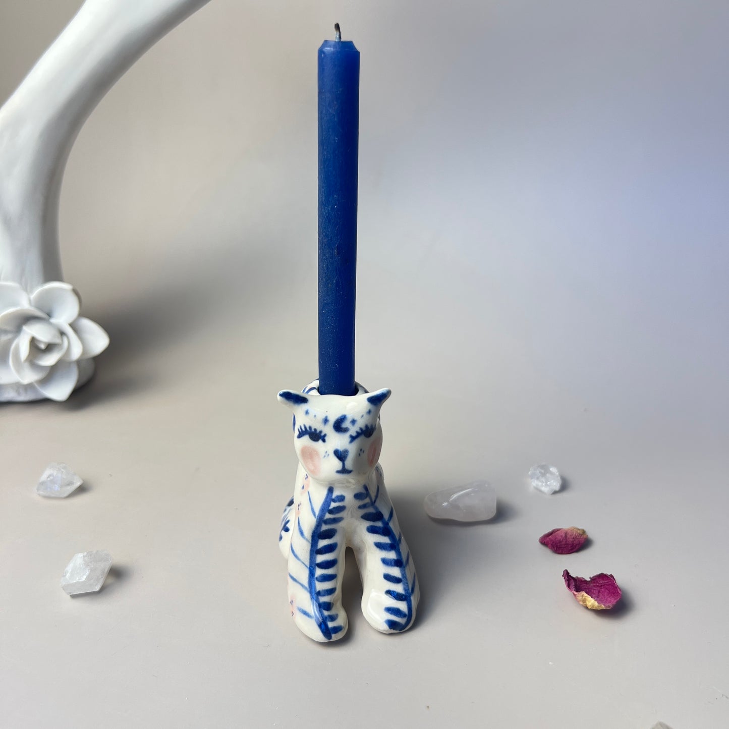 Moon Cat Godess Decorated Ceramic Candlestick Holder