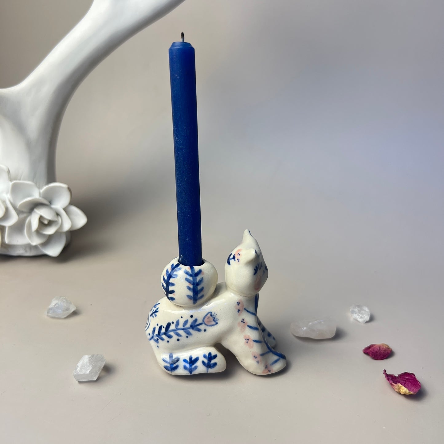 Moon Cat Godess Decorated Ceramic Candlestick Holder