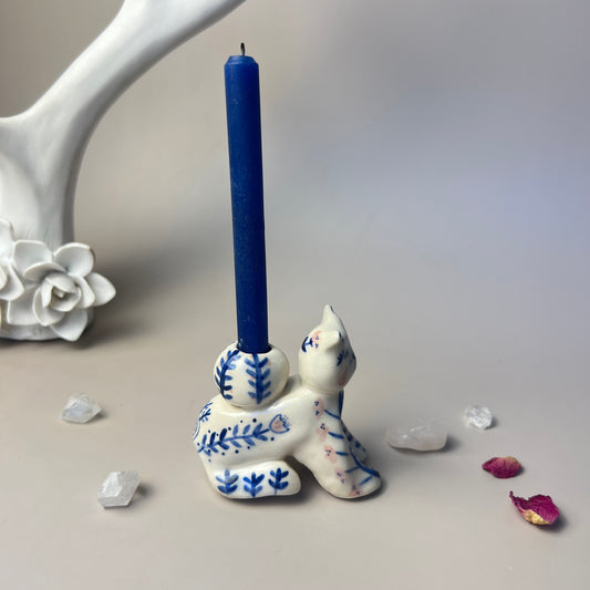 Moon Cat Godess Decorated Ceramic Candlestick Holder