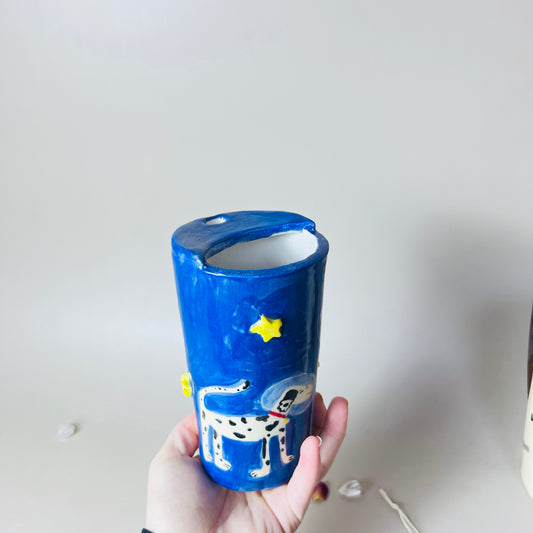 Handmade Ceramic To-Go Cosmic Astronaut Cat And Dog Dalmatian Travel Mug