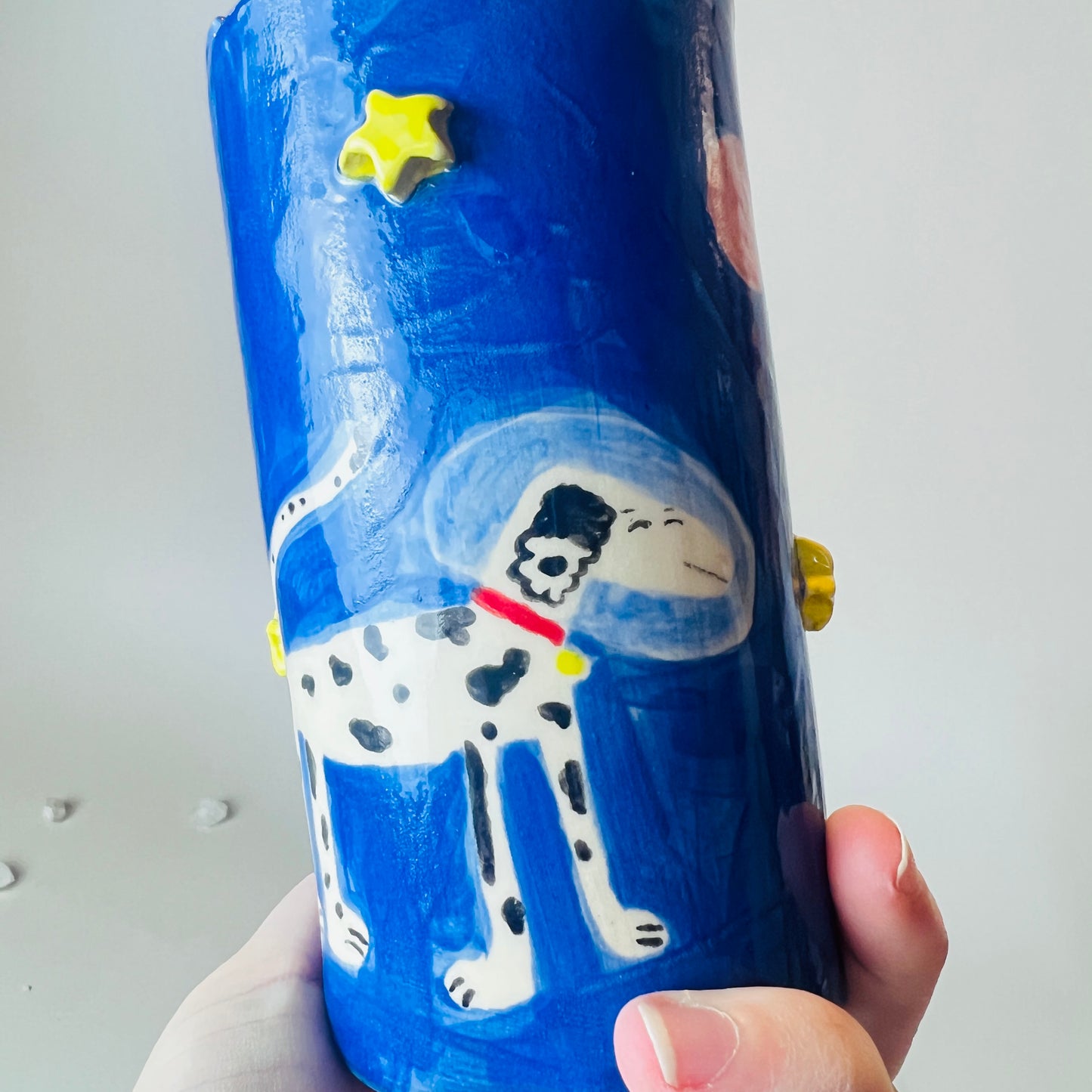 Handmade Ceramic To-Go Cosmic Astronaut Cat And Dog Dalmatian Travel Mug