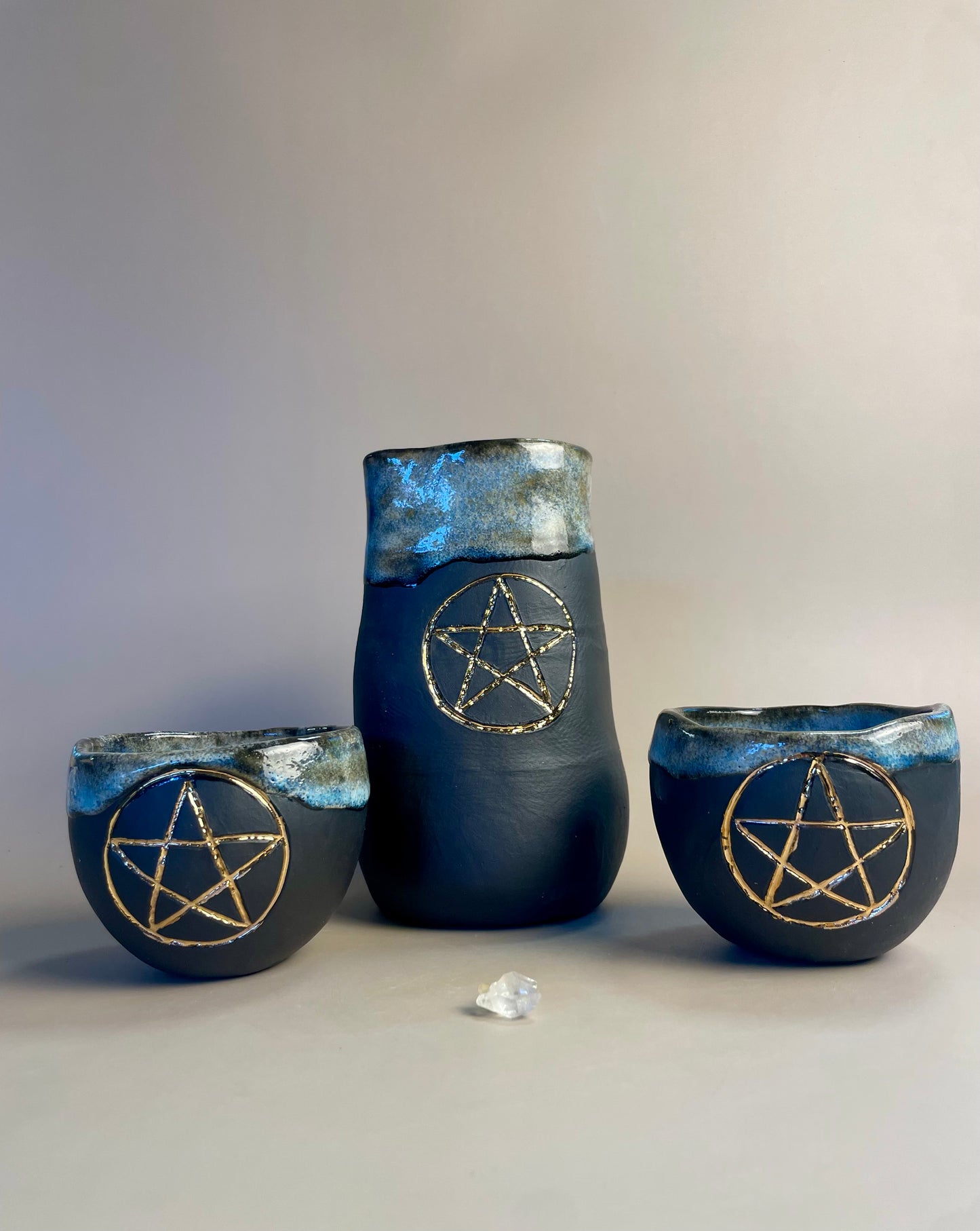 Handmade Ceramic Cups - Mystical Blue with Gold Pentacle