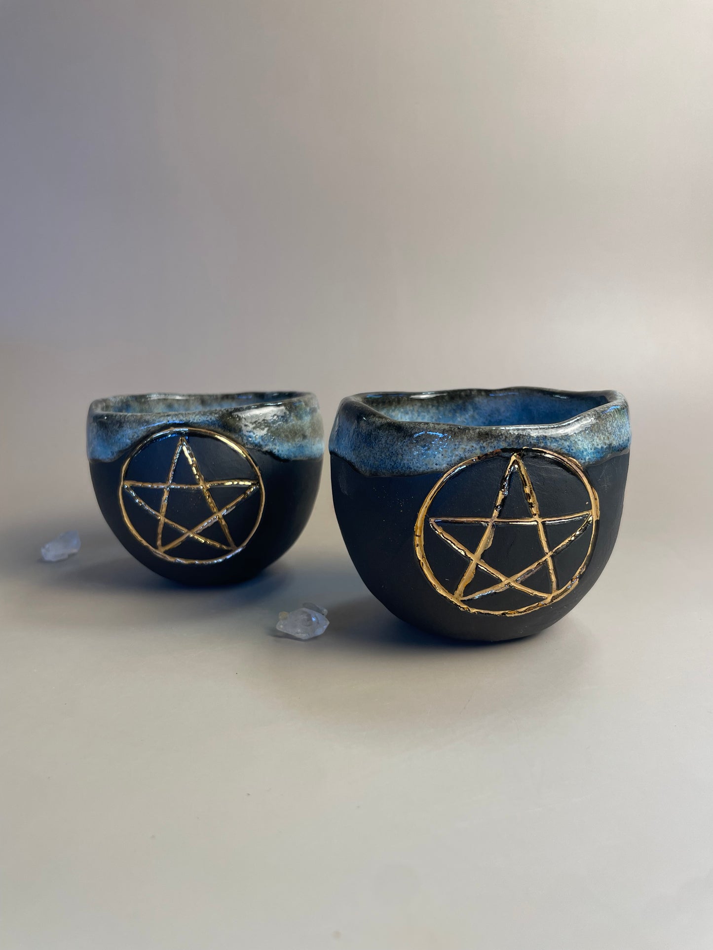 Handmade Ceramic Cups - Mystical Blue with Gold Pentacle
