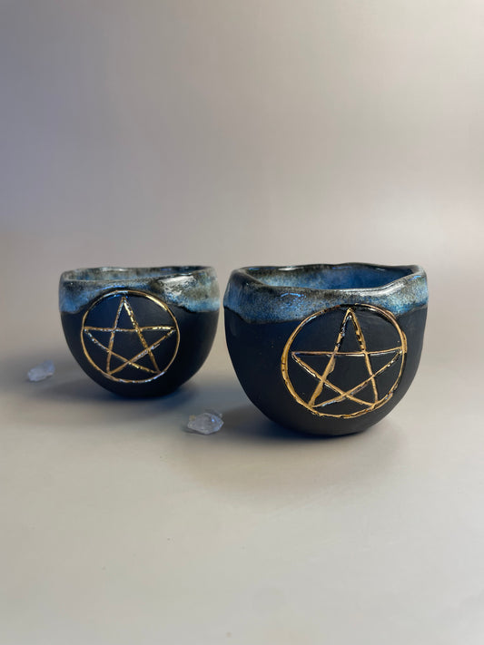 Handmade Ceramic Cups - Mystical Blue with Gold Pentacle