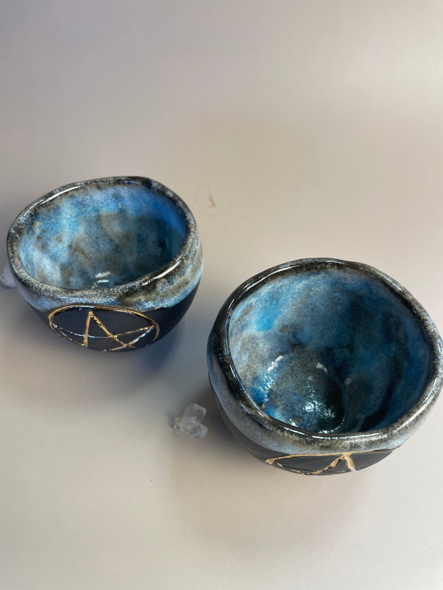 Handmade Ceramic Cups - Mystical Blue with Gold Pentacle