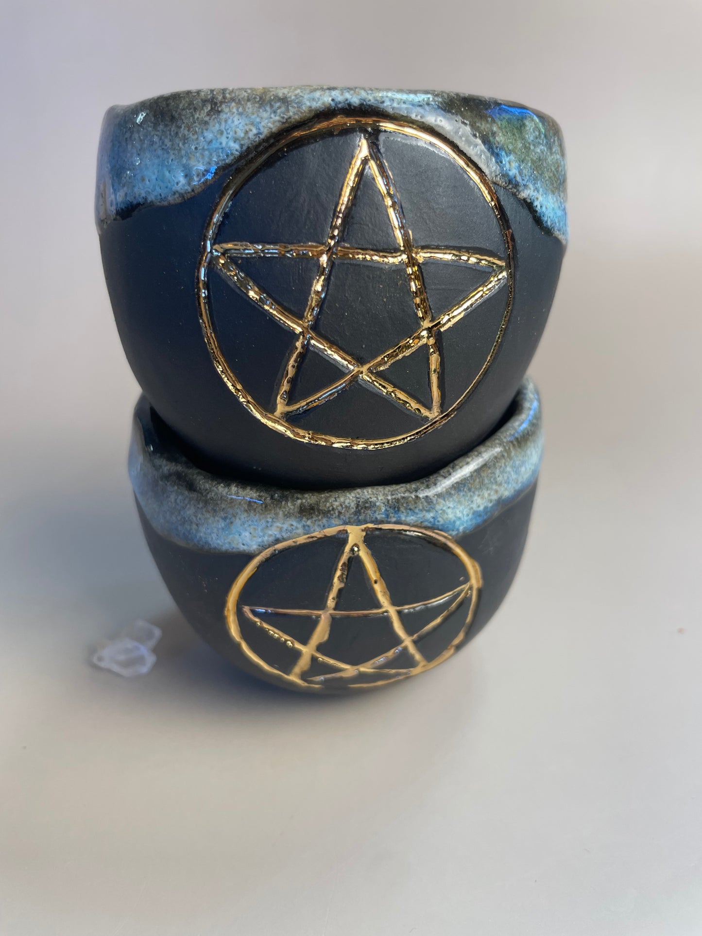 Handmade Ceramic Cups - Mystical Blue with Gold Pentacle