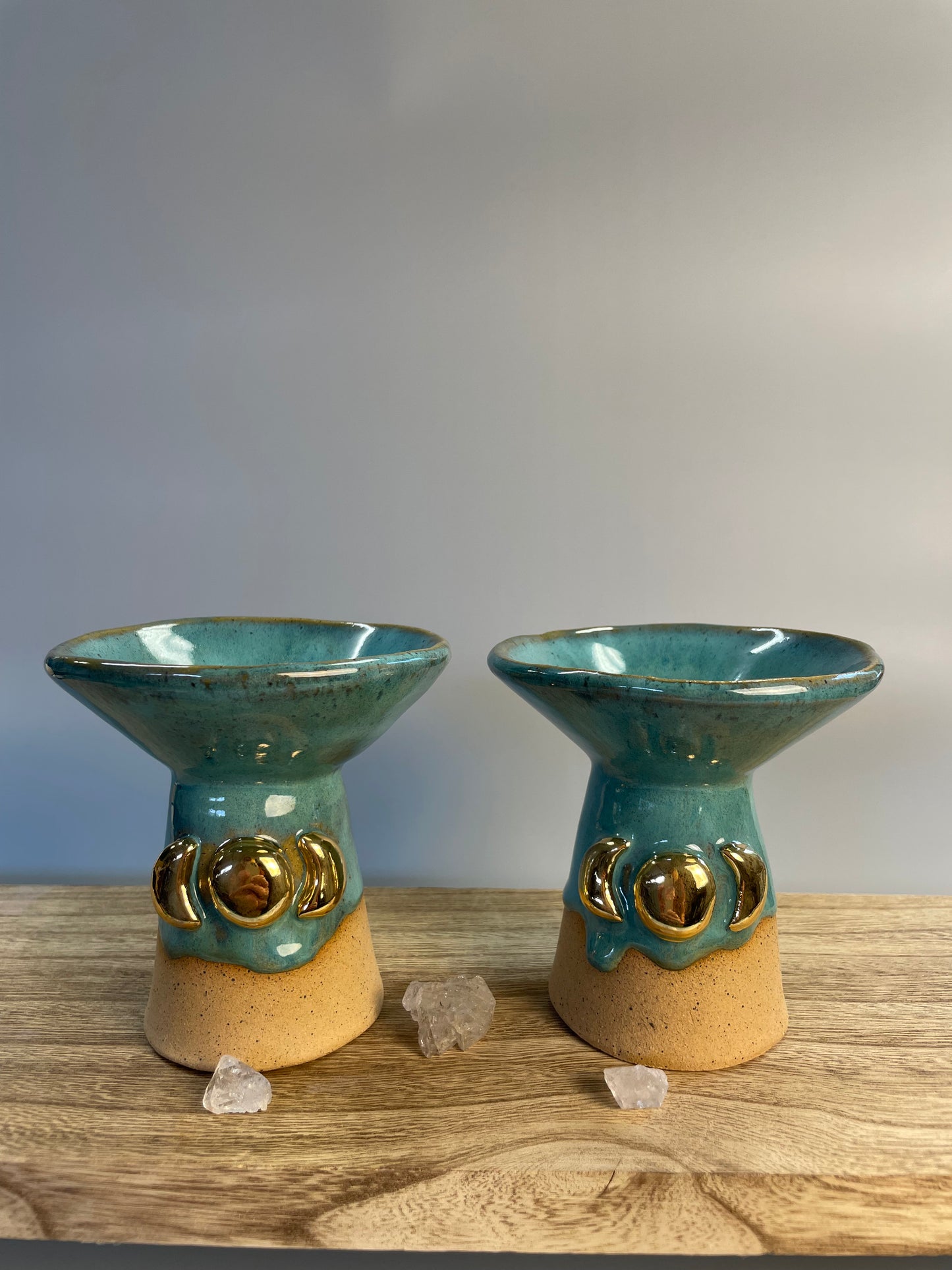 Handmade ceramic turquoise gold triple moon chalice cup
