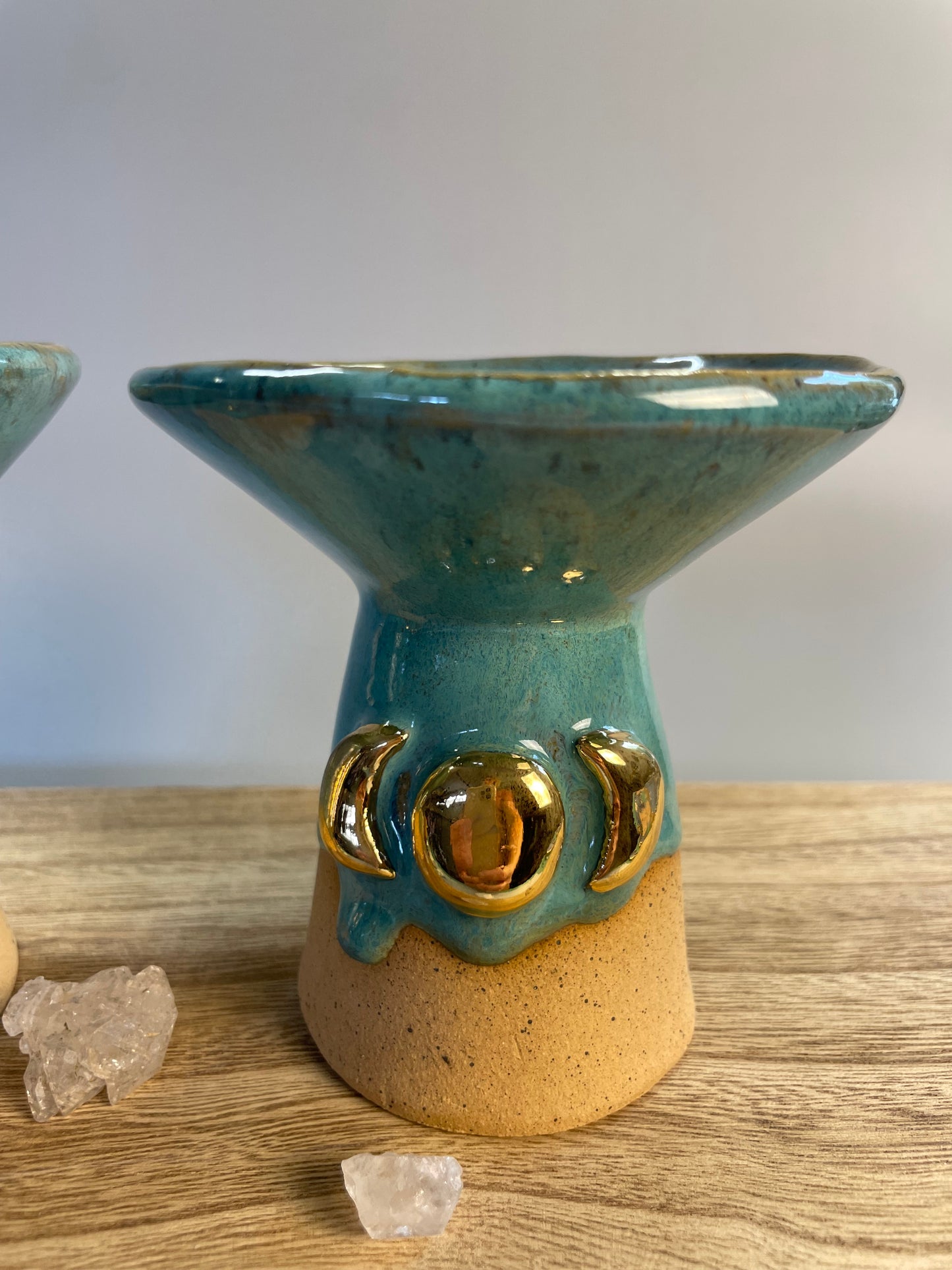 Handmade ceramic turquoise gold triple moon chalice cup
