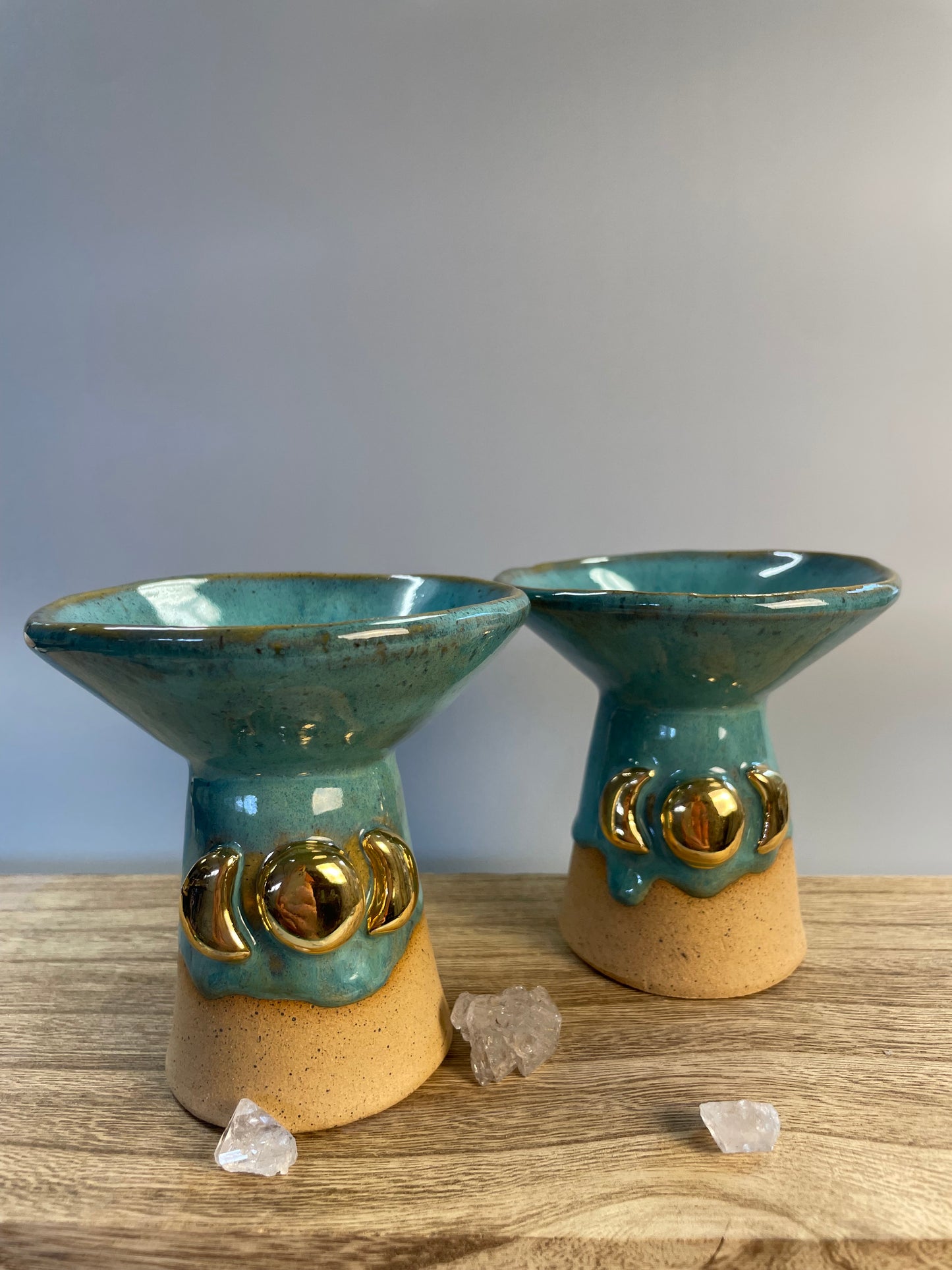 Handmade ceramic turquoise gold triple moon chalice cup