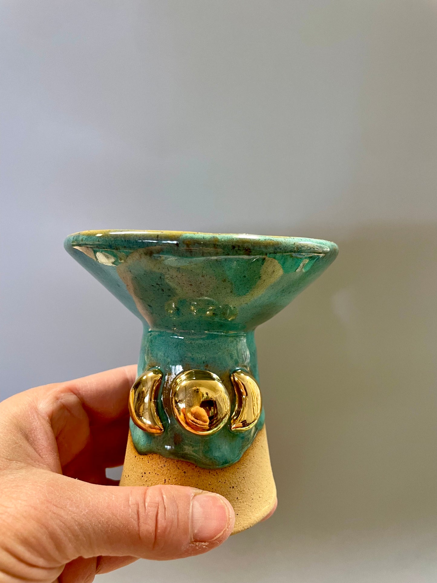 Handmade ceramic turquoise gold triple moon chalice cup