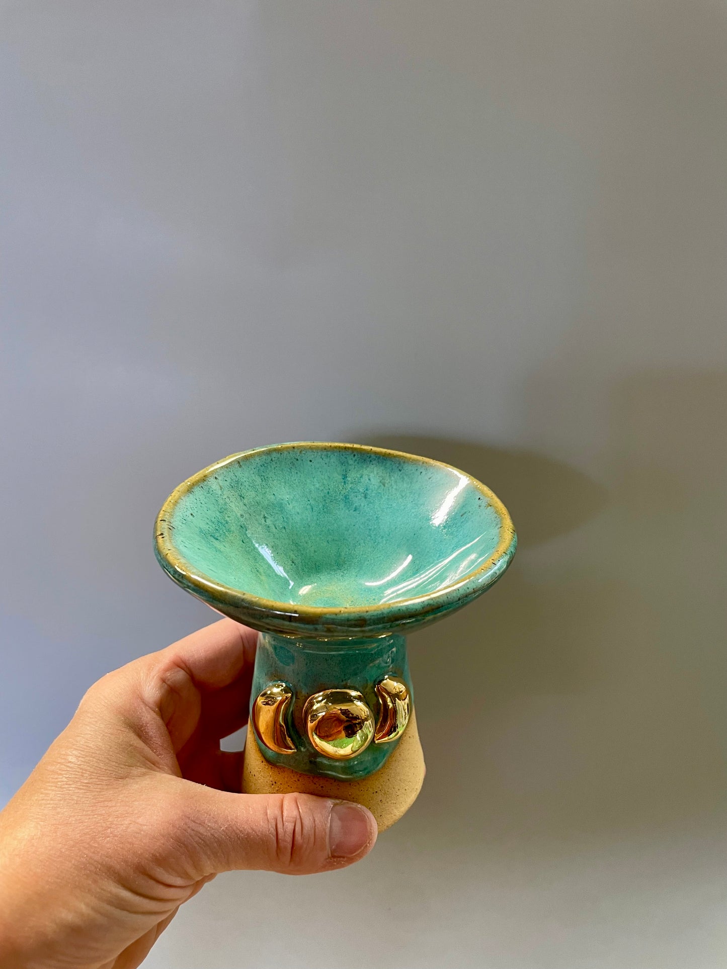Handmade ceramic turquoise gold triple moon chalice cup