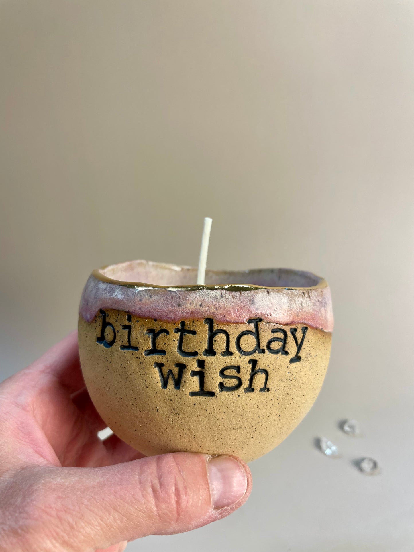Handmade ceramic pink Birthday Wish candle with wish ritual