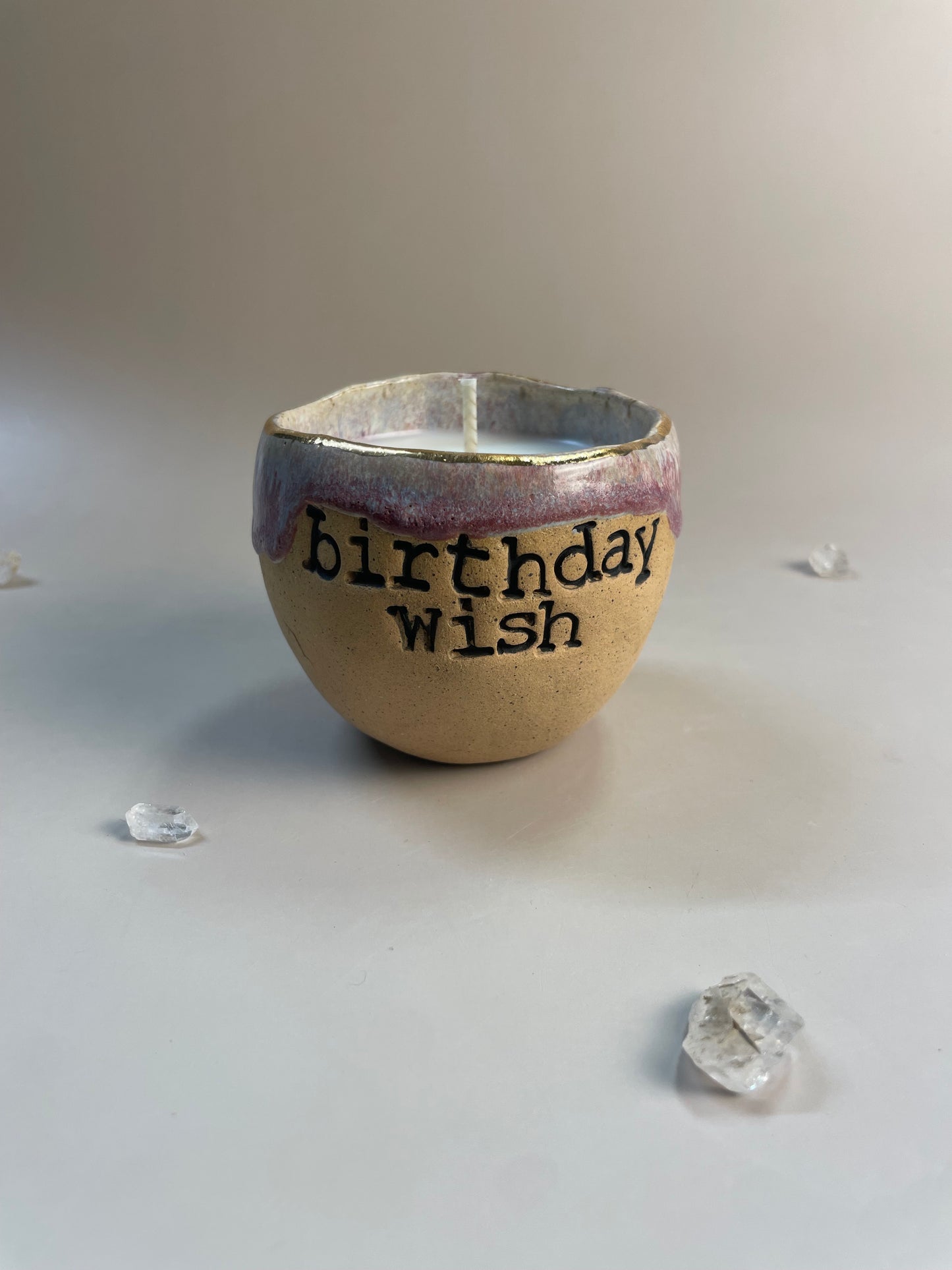 Handmade ceramic pink Birthday Wish candle with wish ritual