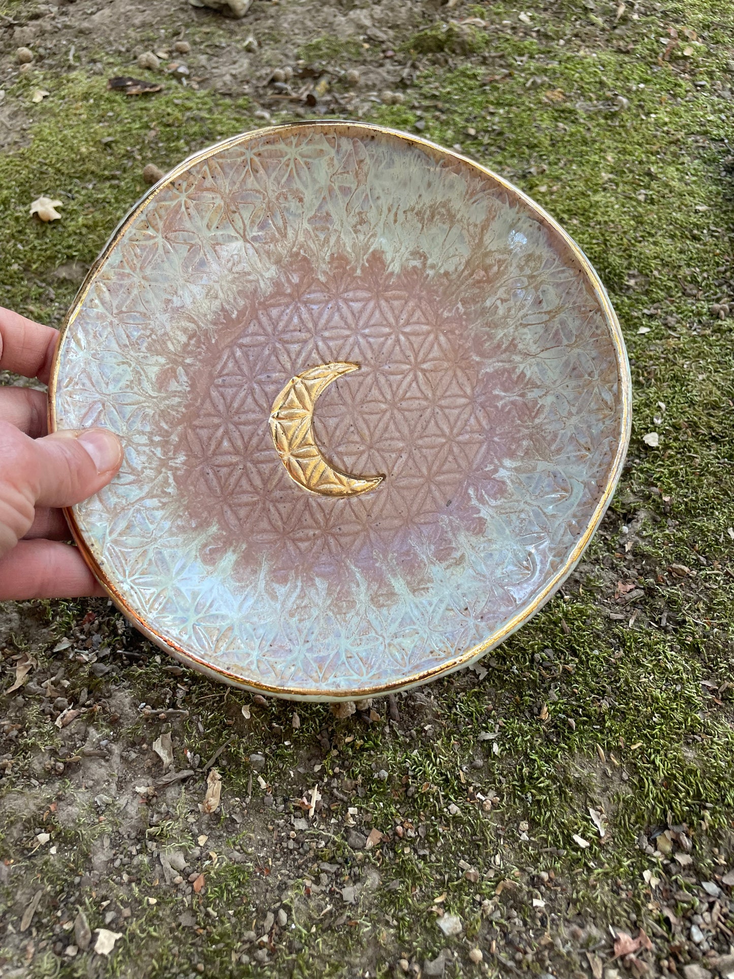 Handmade Ceramic Bowl with Flower of Life and Gold Crescent Moon – Lavender/Blush with Aqua Hues