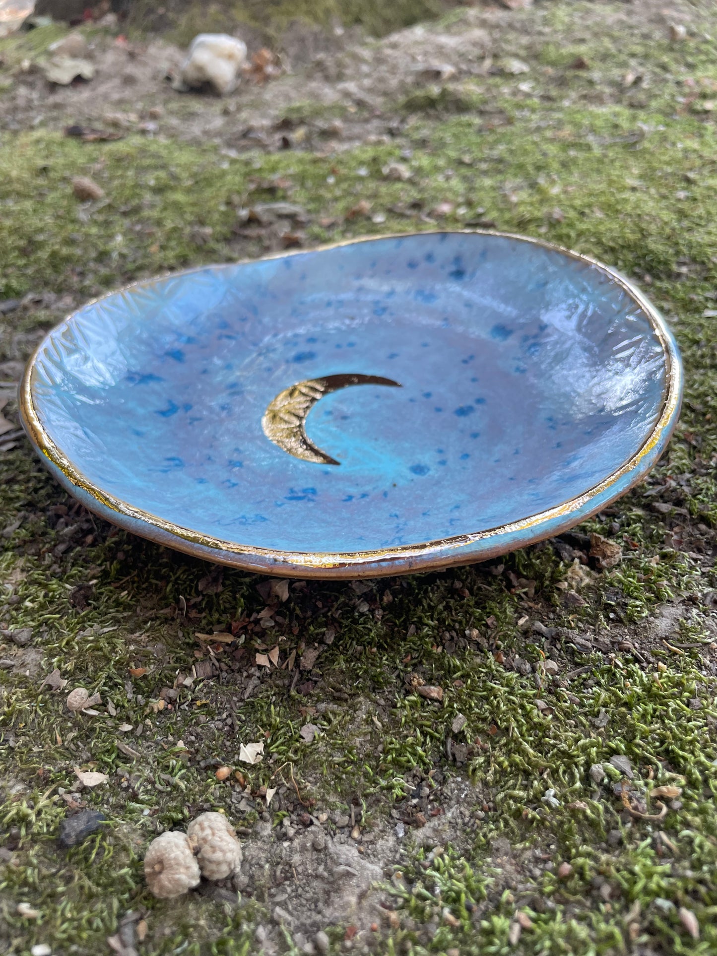 Handmade Ceramic Bowl with Flower of Life and Gold Crescent Moon – Lavender/Blush with Aqua Hues