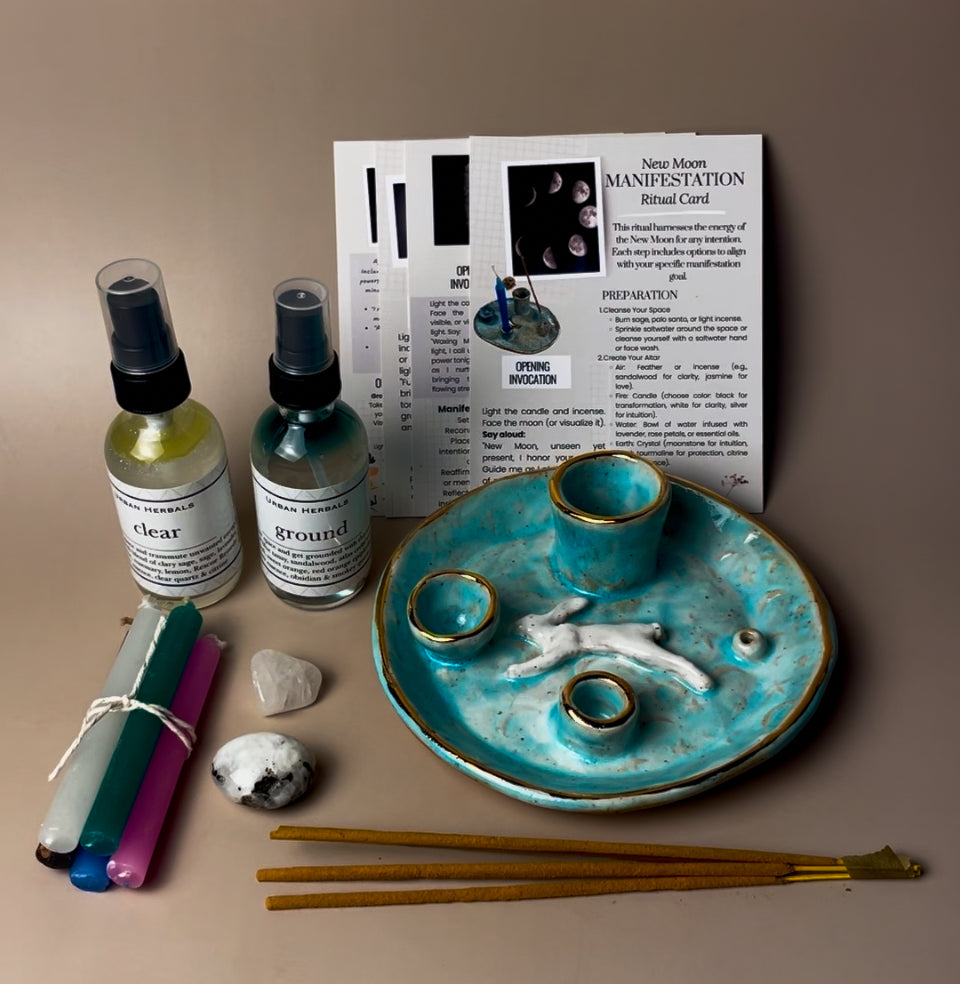 Four Elements Ritual Box with Handmade Aqua Hare Dish and Energetic Clearing Sprays