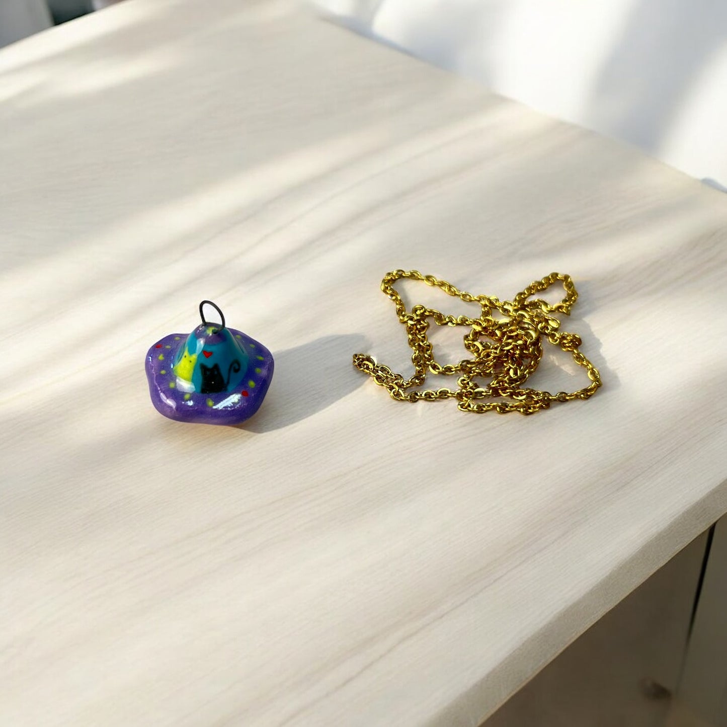 Space Cats in Love Handmade Ceramic Spirit Animal Pendant Necklace