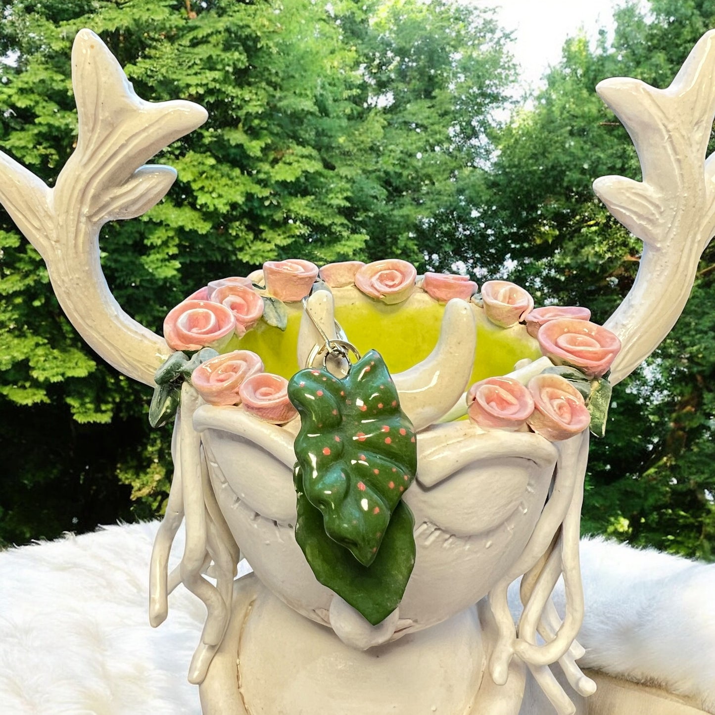 Monstera Goddess Leaf Earrings, Handmade Porcelain Earrings with Pink Polka Dots