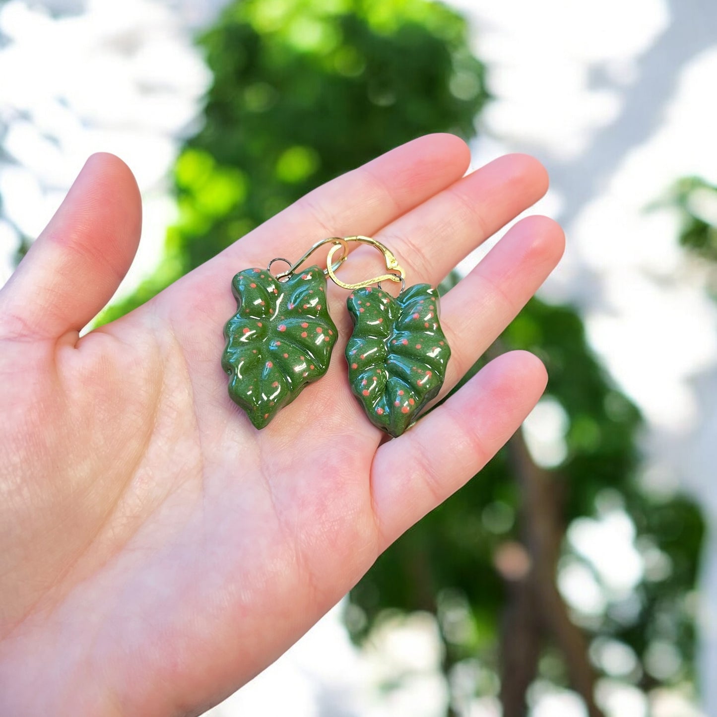 Monstera Goddess Leaf Earrings, Handmade Porcelain Earrings with Pink Polka Dots