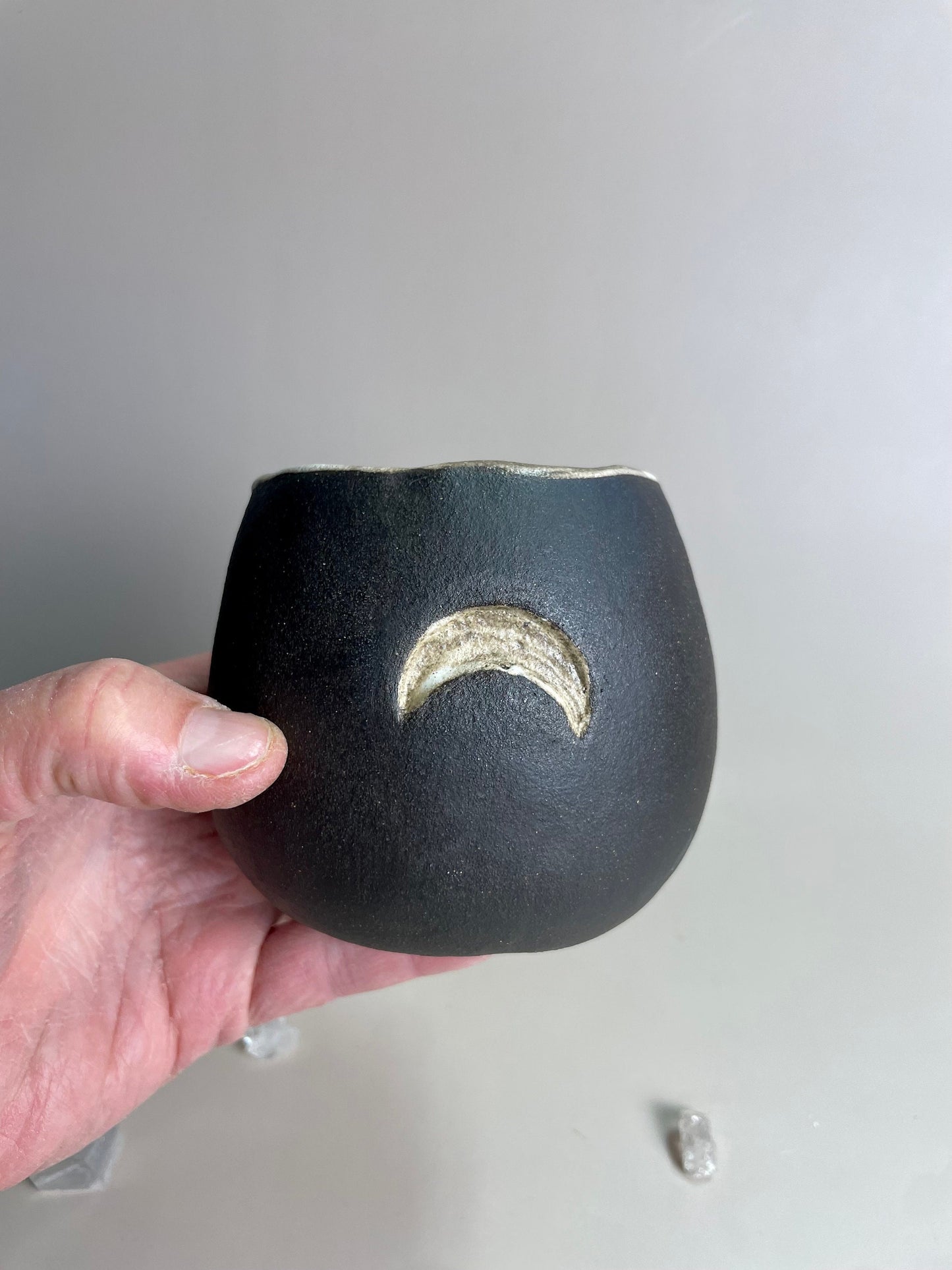 Handmade ceramic dark clay crescent moon vase