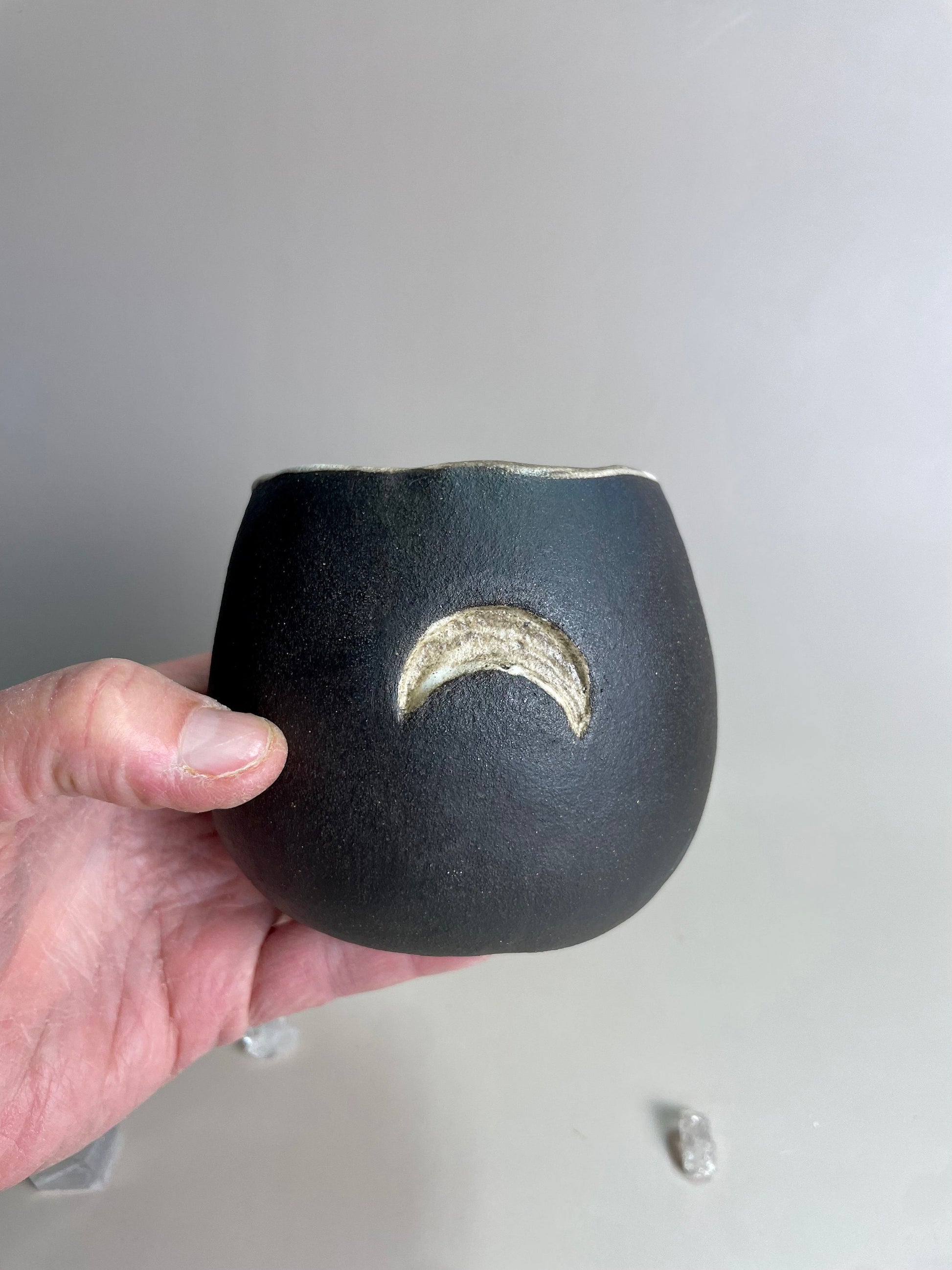 Handmade ceramic dark clay crescent moon vase