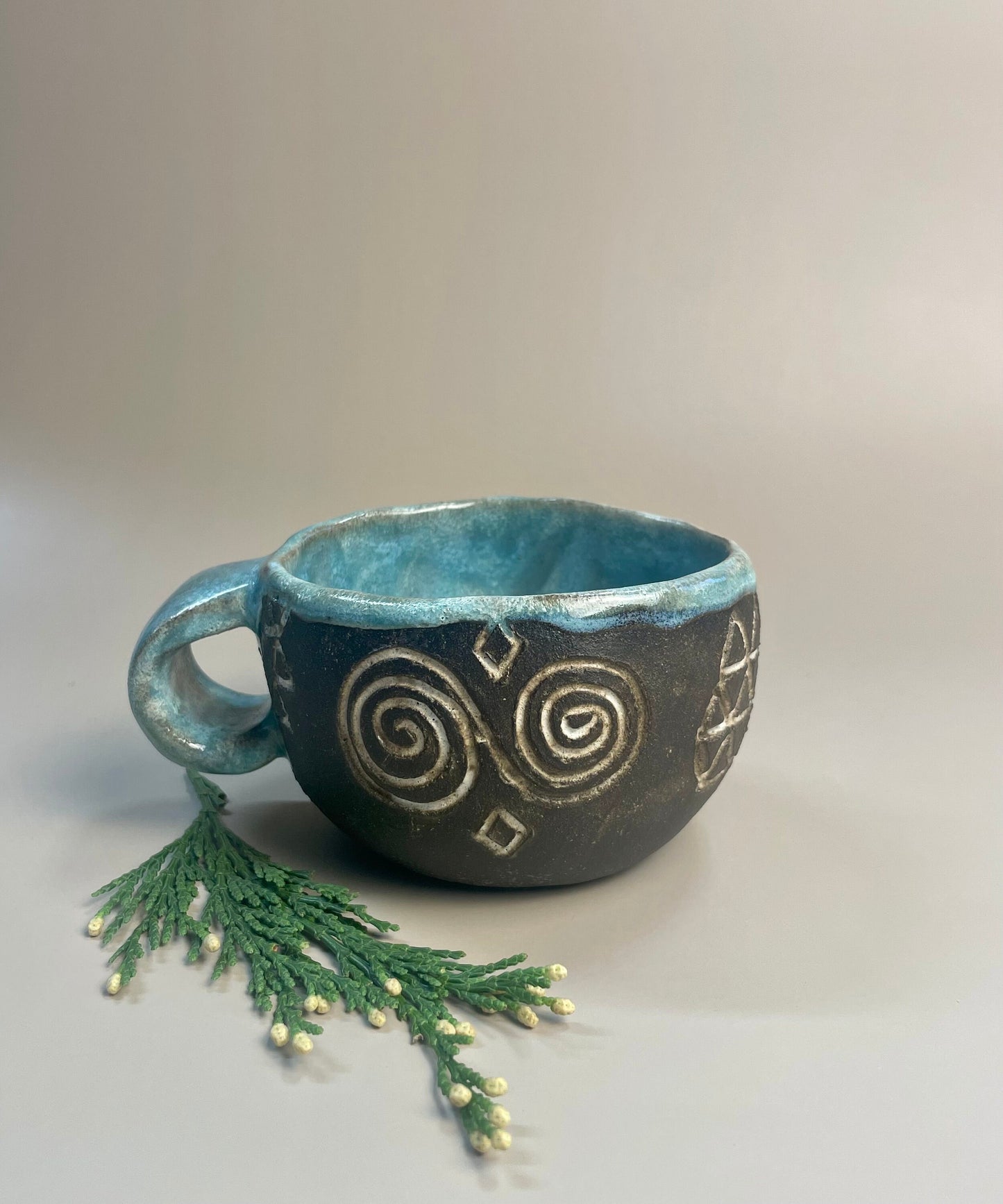 Handmade ceramic Newgrange inspired carved mug