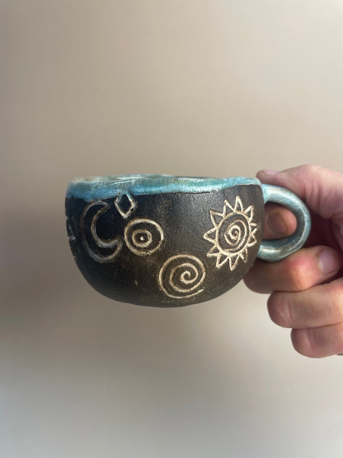 Handmade ceramic Newgrange inspired carved mug