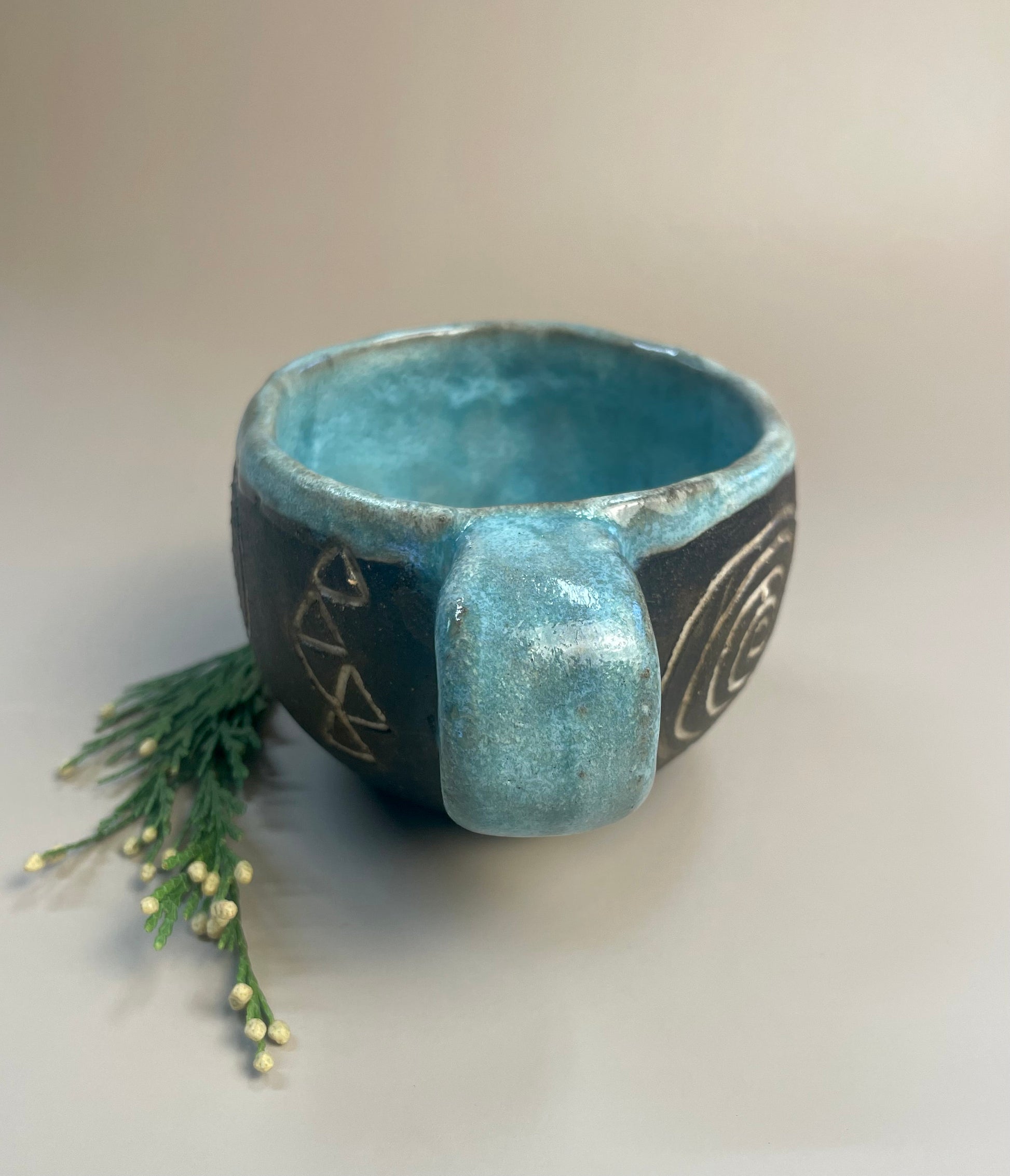 Handmade ceramic Newgrange inspired carved mug
