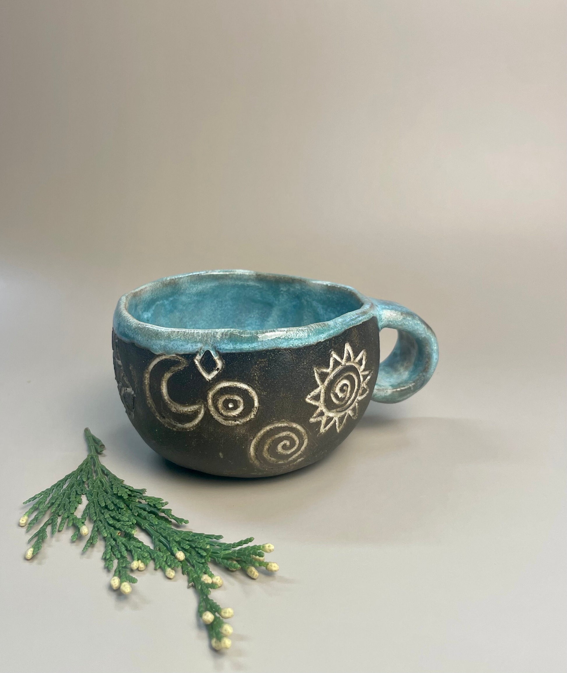 Handmade ceramic Newgrange inspired carved mug