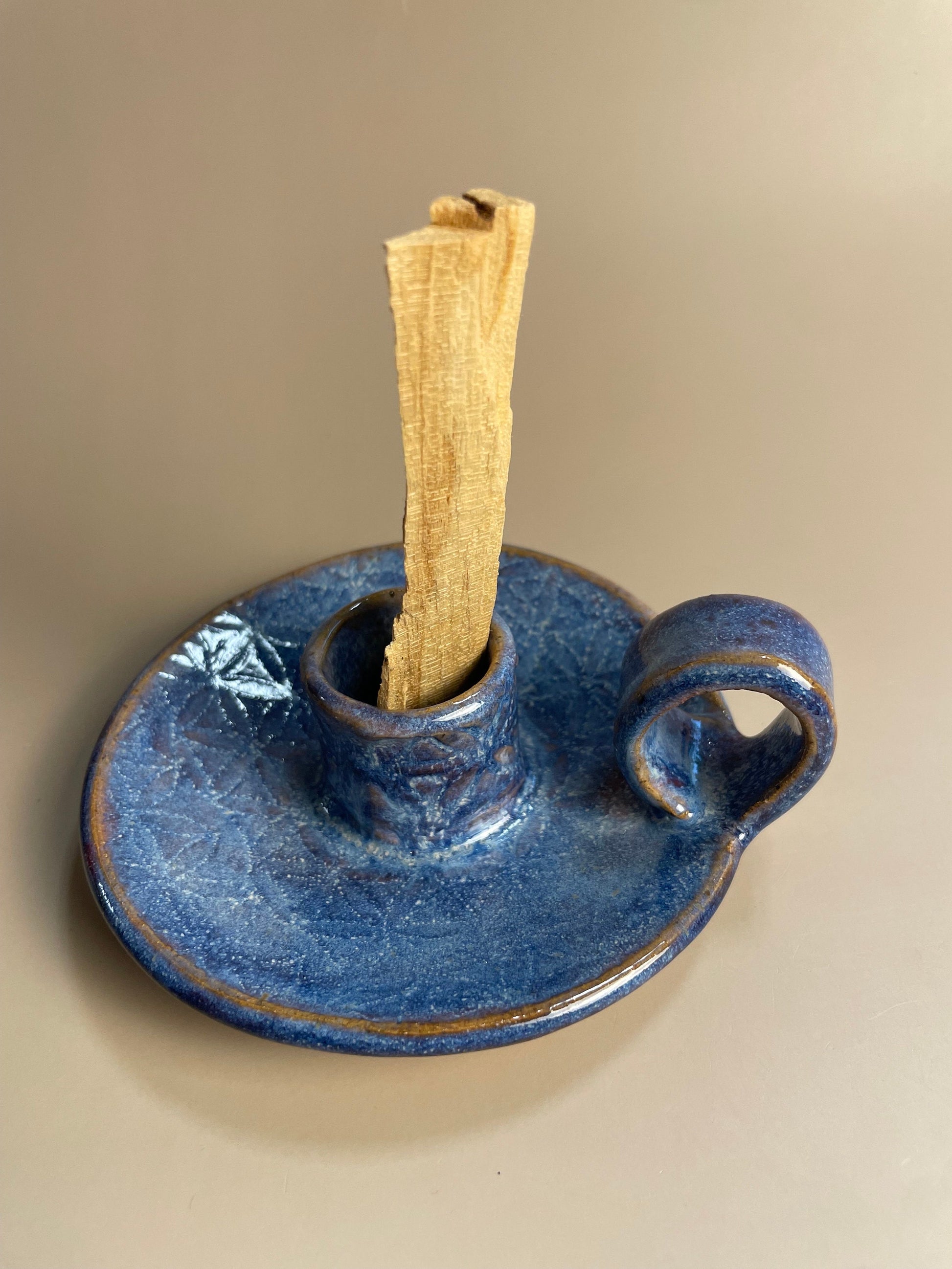 Flower of life handmade blue lavender ceramic palo santo or candle holder