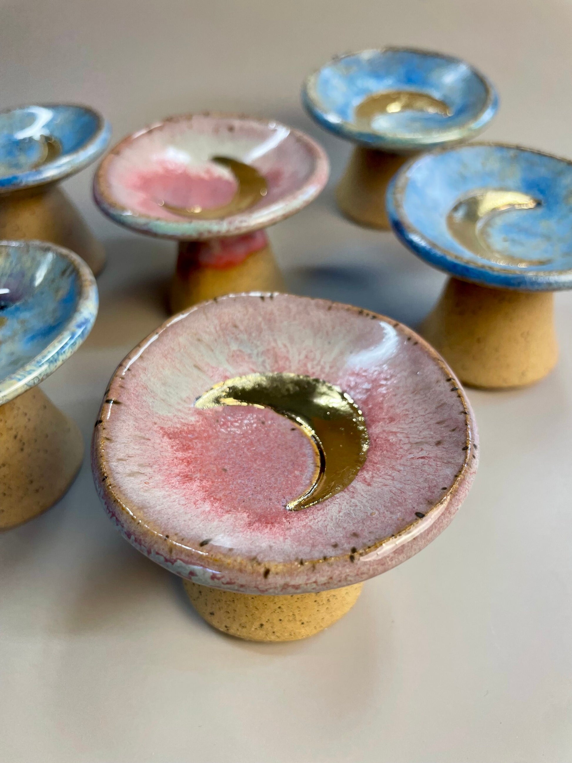 Handmade ceramic mini pedestal gold moon dish