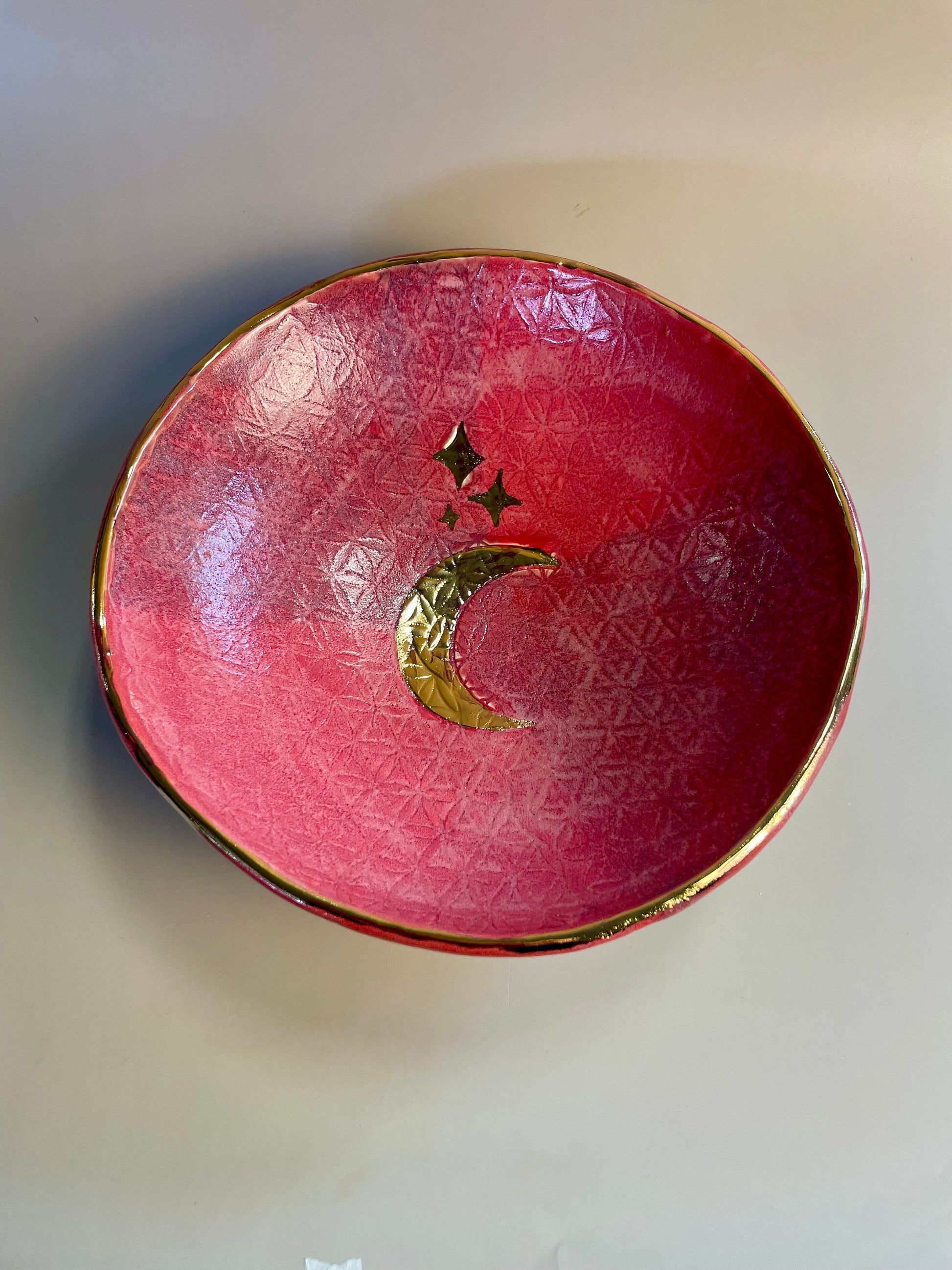 Handmade ceramic Flower of Life with Gold Moon and Stars Raspberry lavender bowl