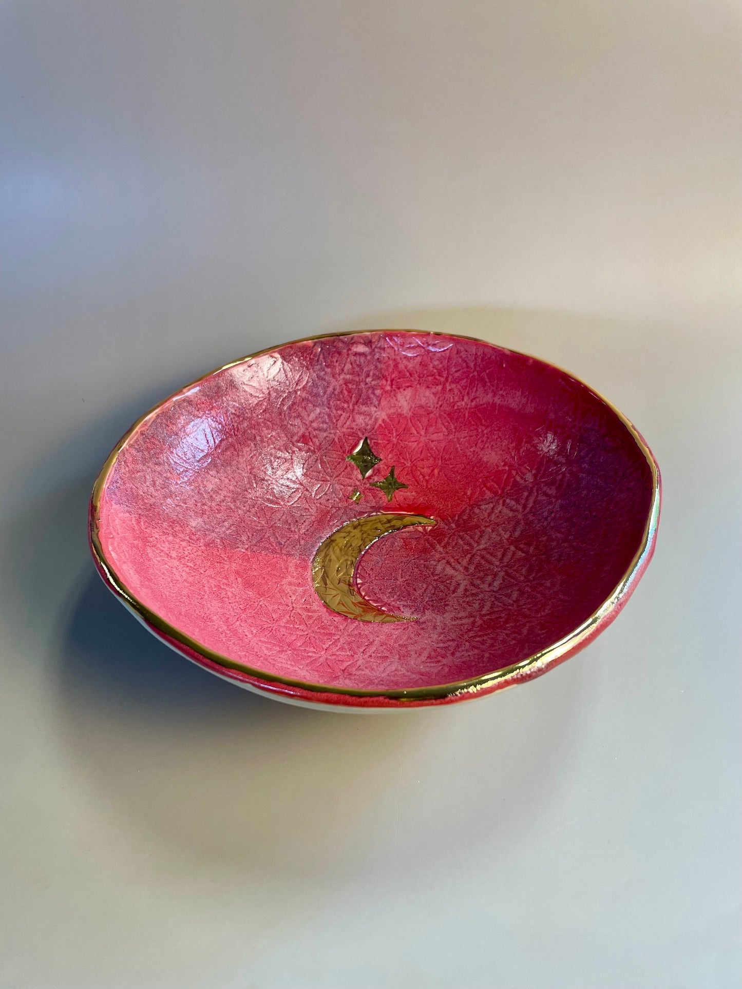 Handmade ceramic Flower of Life with Gold Moon and Stars Raspberry lavender bowl