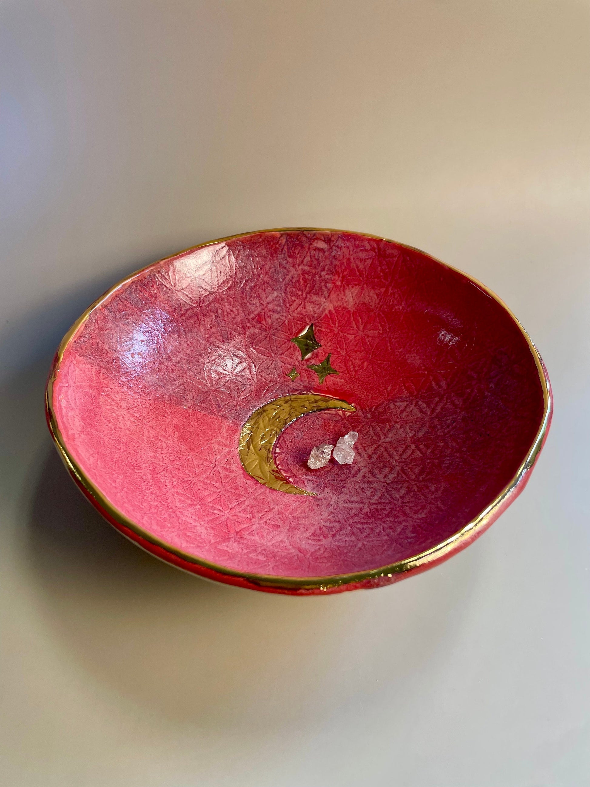 Handmade ceramic Flower of Life with Gold Moon and Stars Raspberry lavender bowl