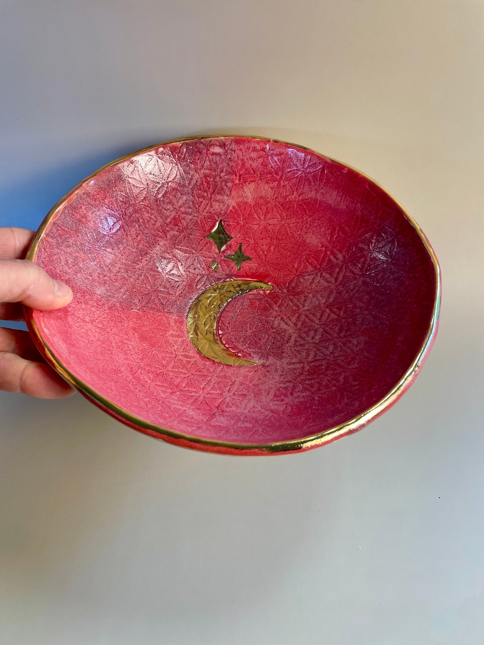 Handmade ceramic Flower of Life with Gold Moon and Stars Raspberry lavender bowl