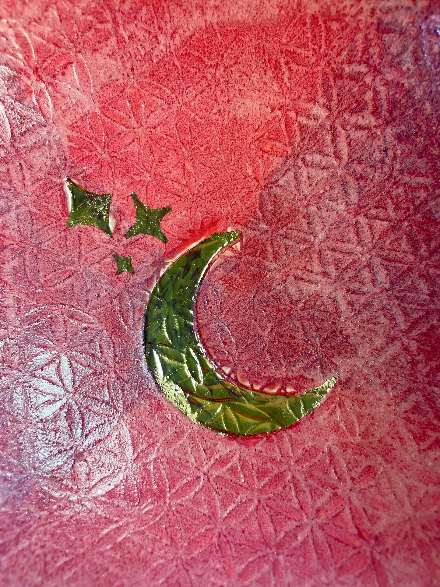 Handmade ceramic Flower of Life with Gold Moon and Stars Raspberry lavender bowl