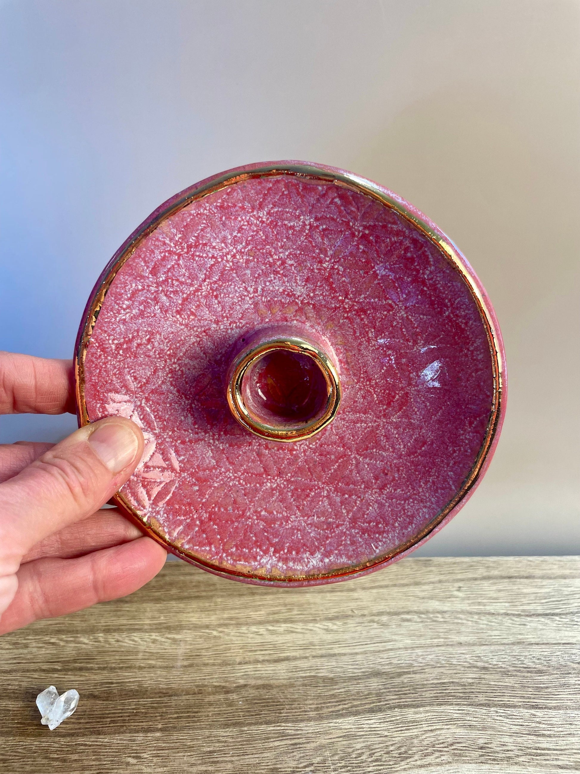 Flower of life handmade pink with gold rim ceramic palo santo holder