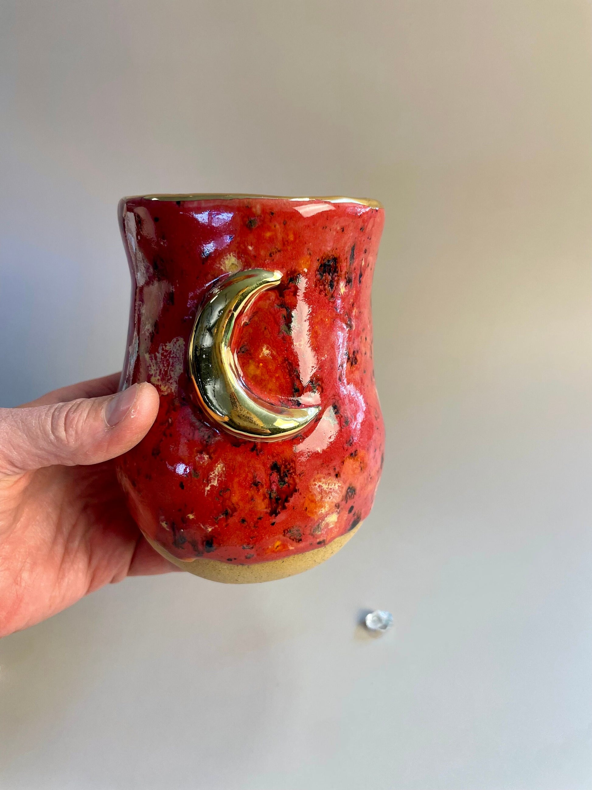 Handmade ceramic raspberry gold moon vase